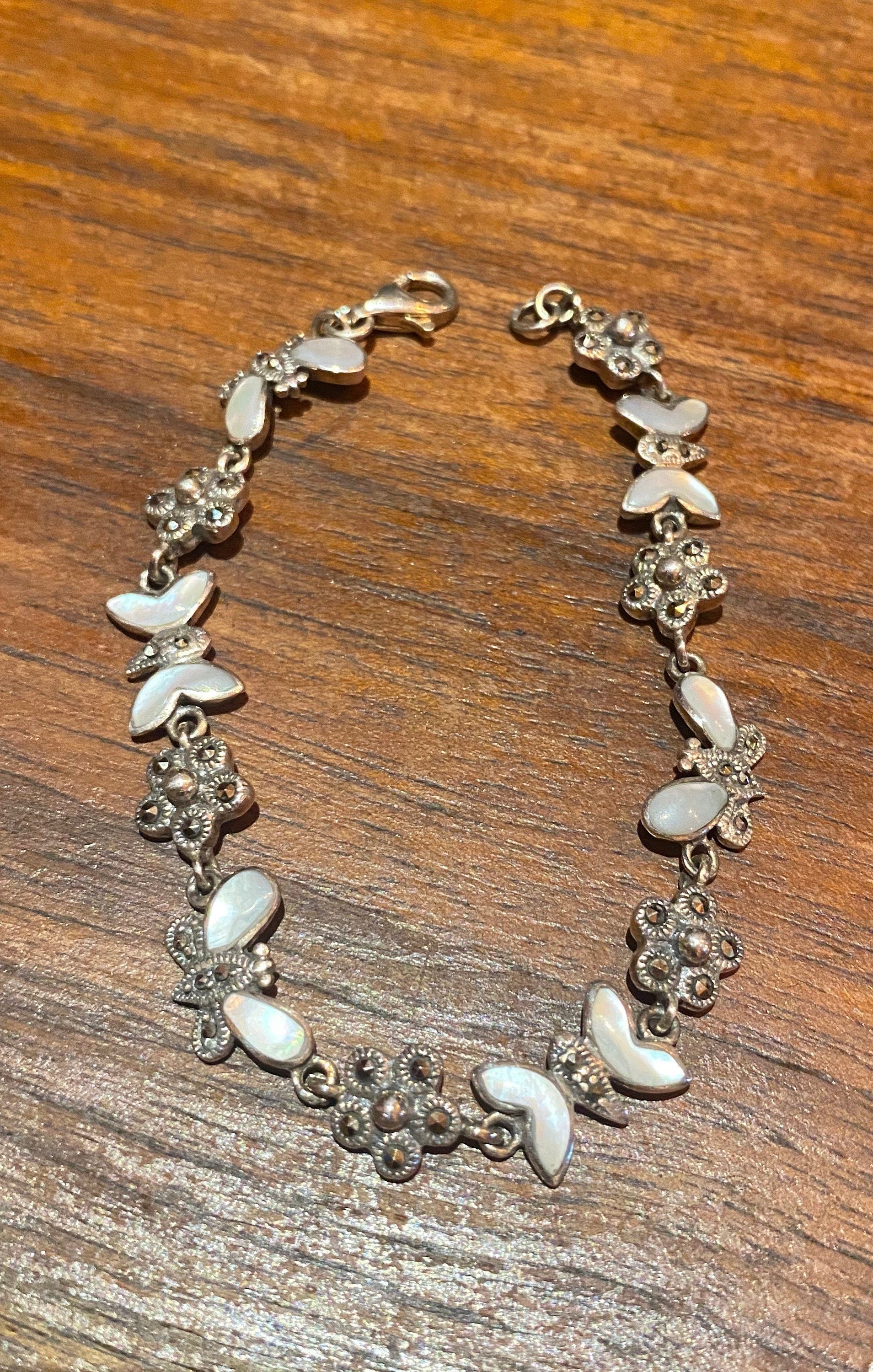 Vintage Marcasite Butterfly Bracelet 925 Sterling Silver Mother of Pearl