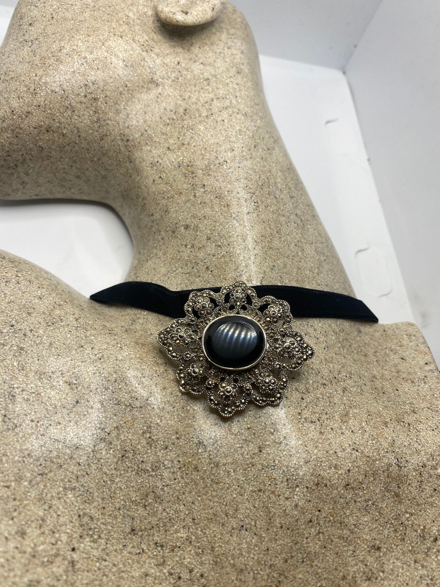 Vintage Marcasite Black Onyx Choker 925 Sterling Silver Pin Pendant