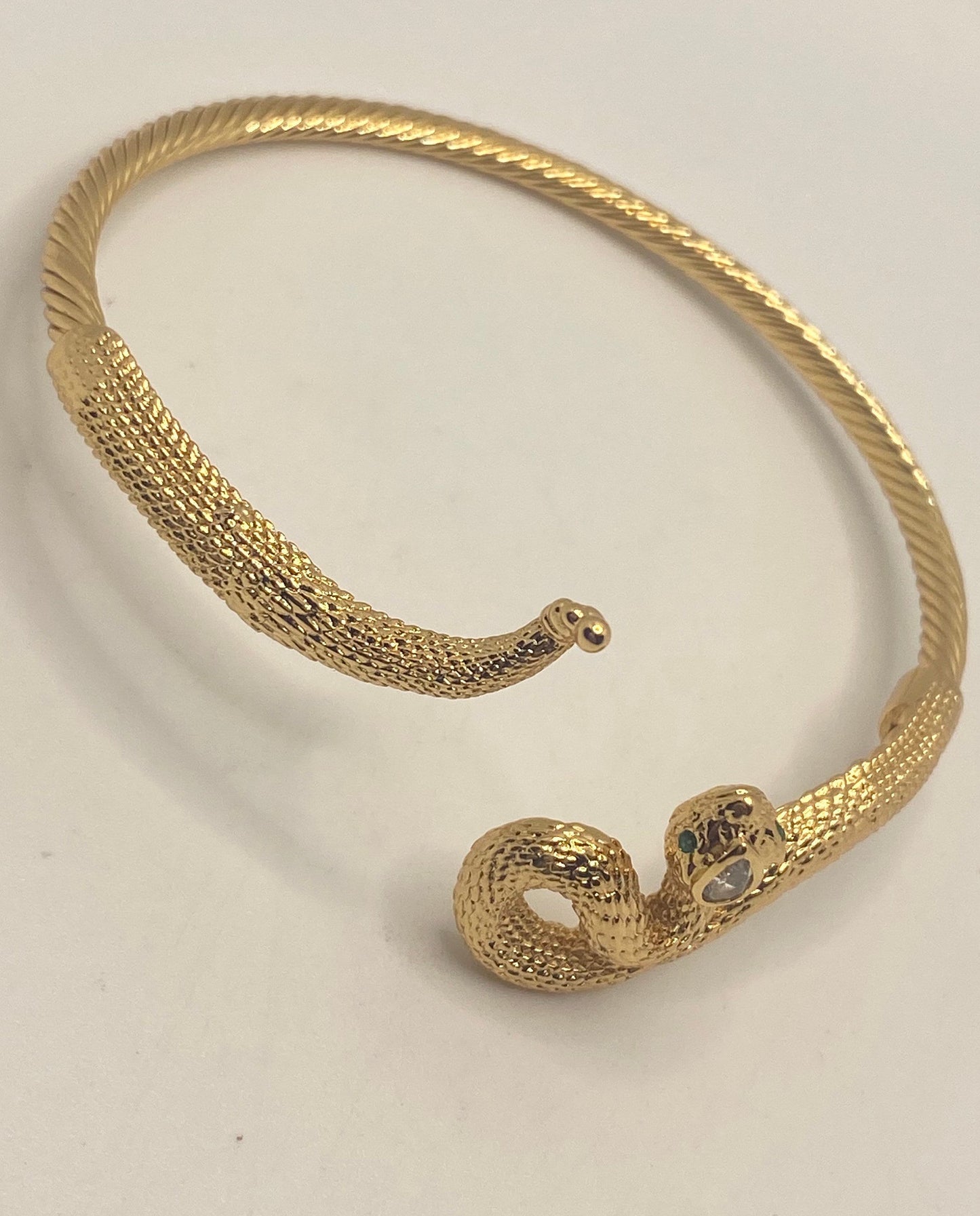 Vintage Snake Bangle Bracelet Gold Filled Green Crystal Eyes