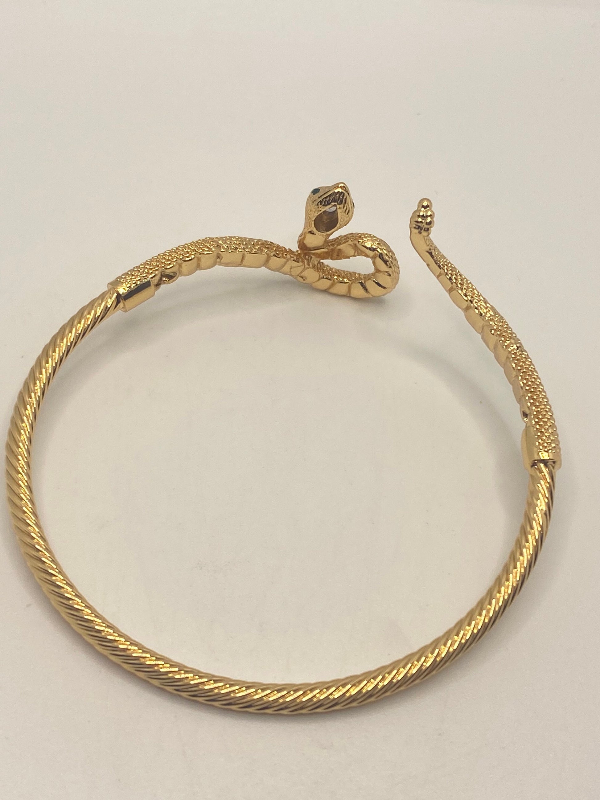 Vintage Snake Bangle Bracelet Gold Filled Green Crystal Eyes