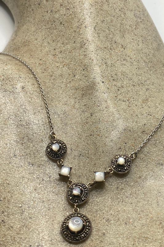 Vintage Marcasite 925 Sterling Silver Mother of Pearl Necklace