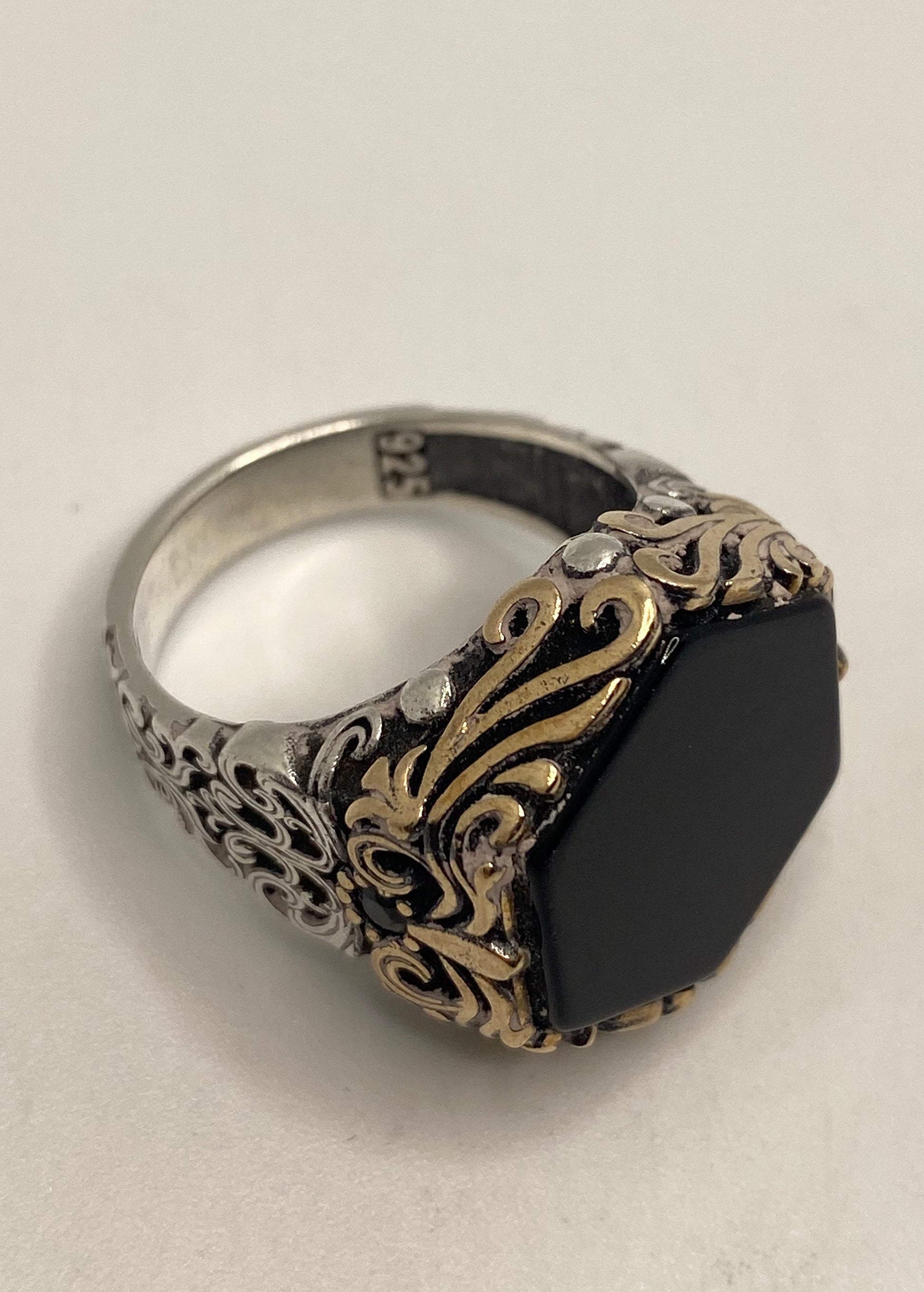 Vintage Onyx Mens Ring in 925 Sterling Silver Persian Genuine Black Onyx