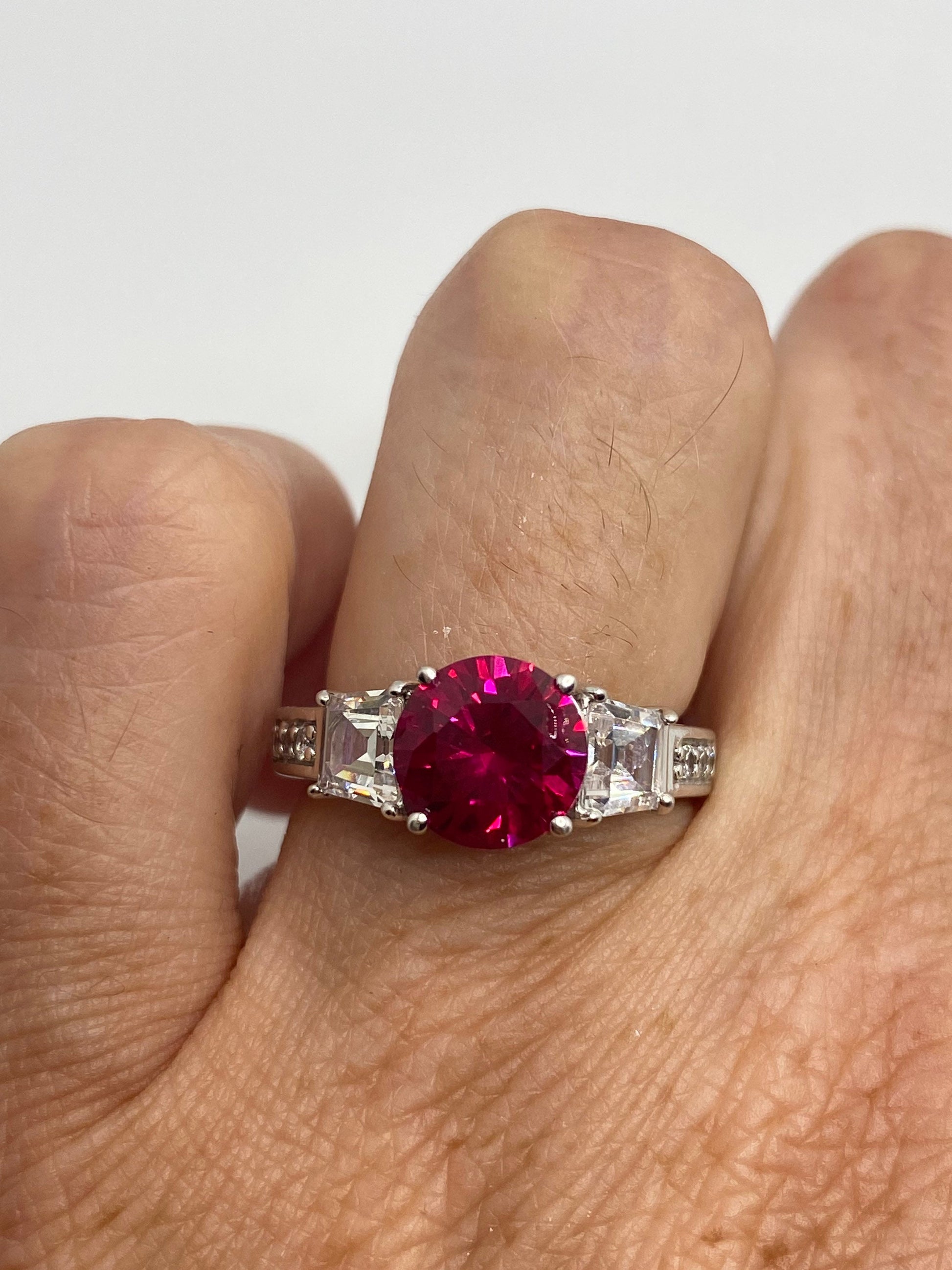 Vintage Ruby Cubic Zirconia Crystal 925 Sterling Silver Ring