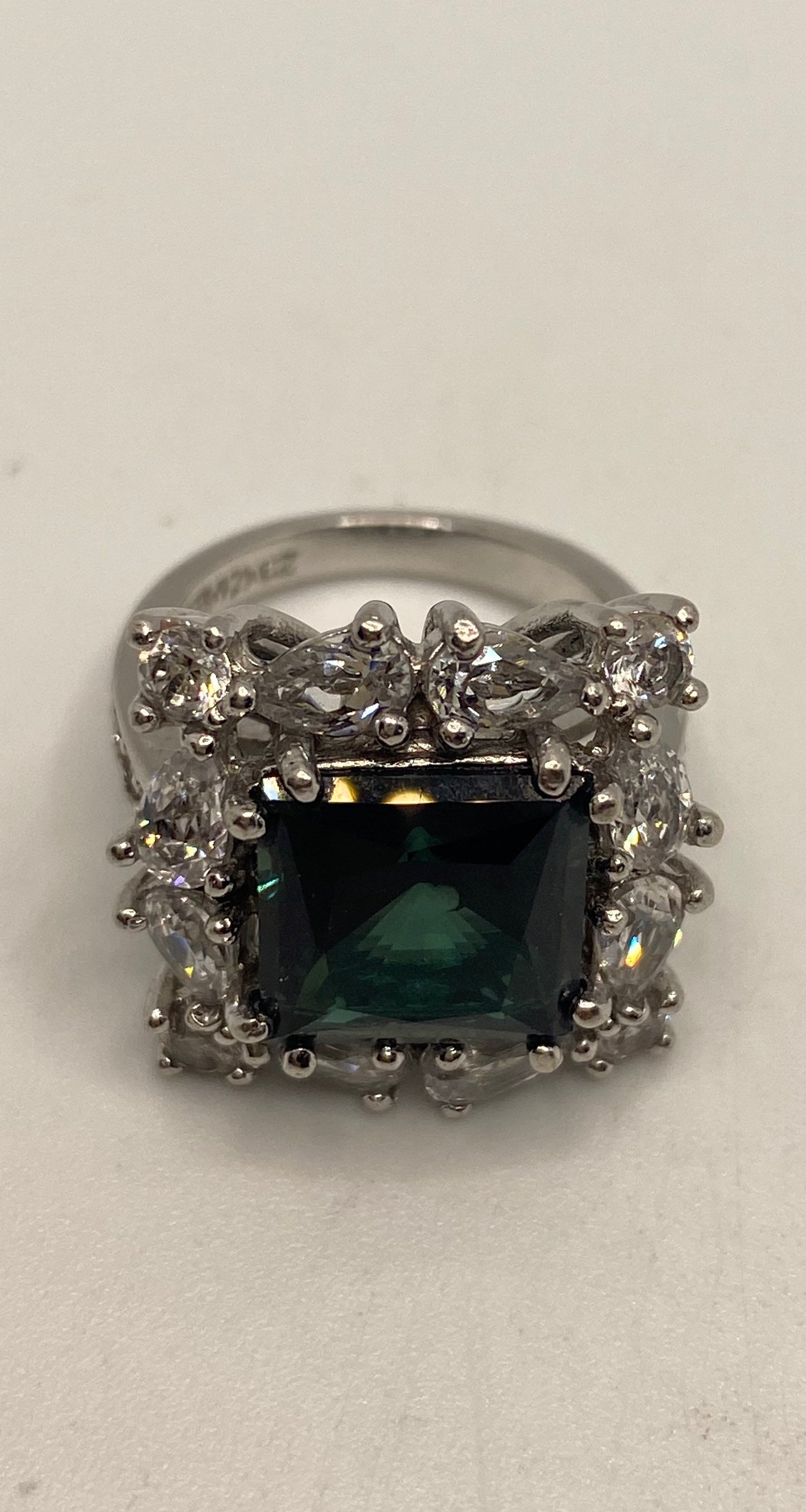 Vintage Green Tourmaline Cubic Zirconia Crystal 925 Sterling Silver Ring