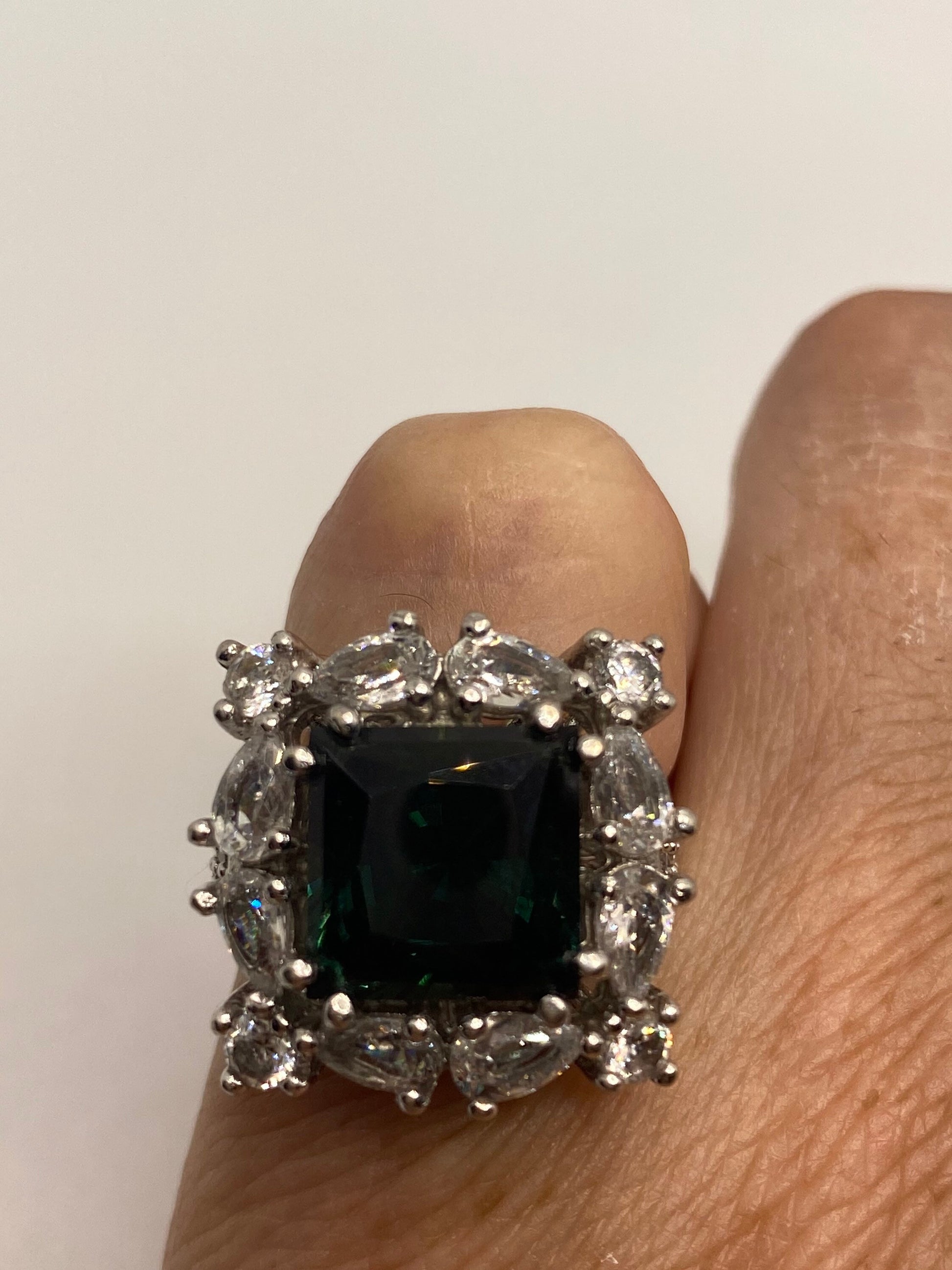 Vintage Green Tourmaline Cubic Zirconia Crystal 925 Sterling Silver Ring