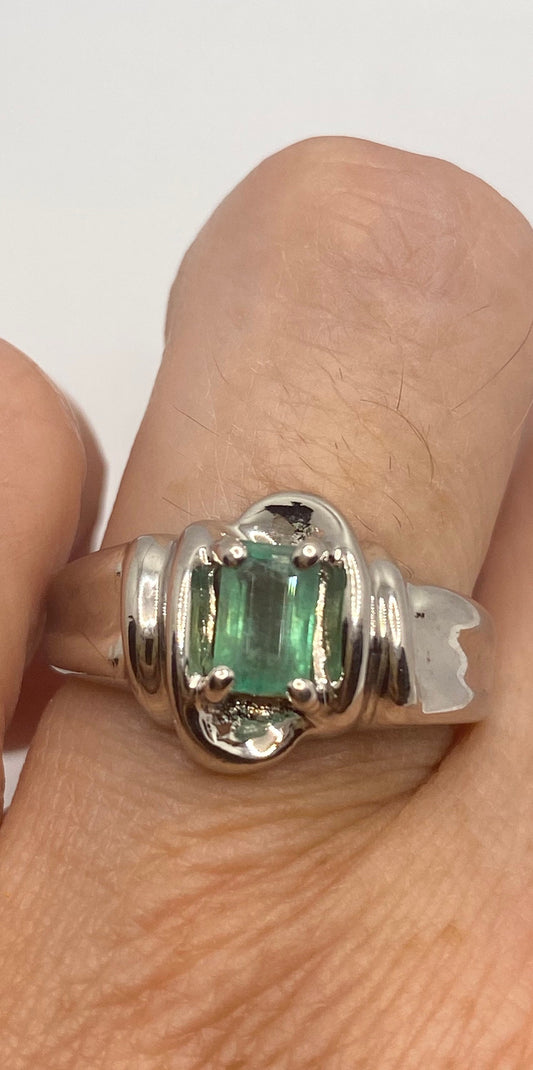 Vintage Genuine Green Emerald Ring 925 Sterling Silver Engagement Wedding