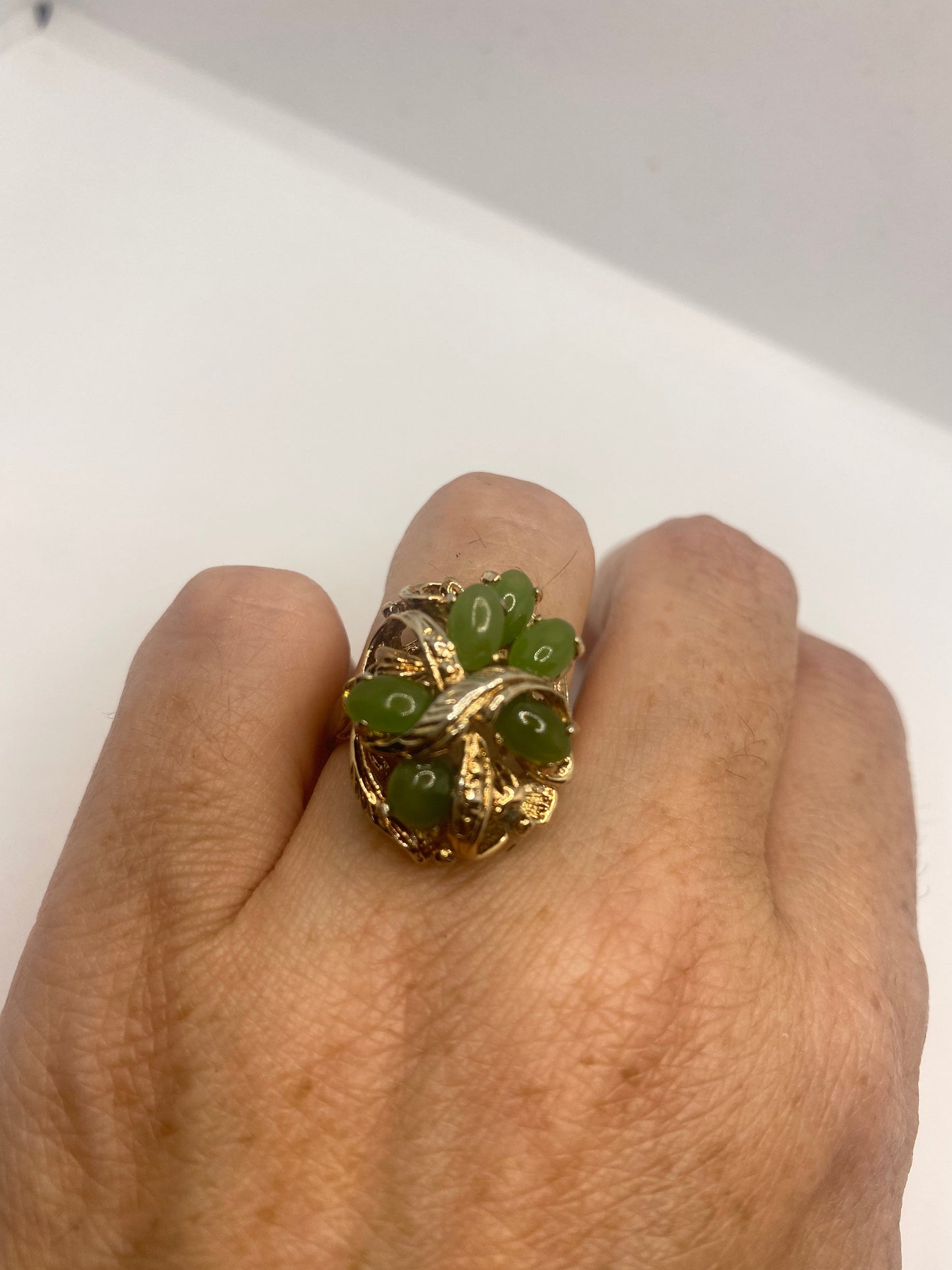 Vintage Green Jade Nephirite Golden 925 Sterling Silver Ring Size 6.5