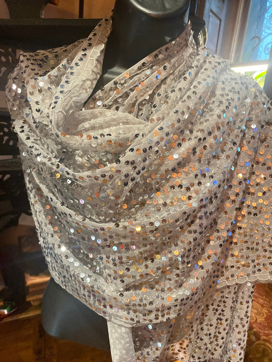 Vintage Styled Sheer Silver Sequined Embroidered Wrap Shawl