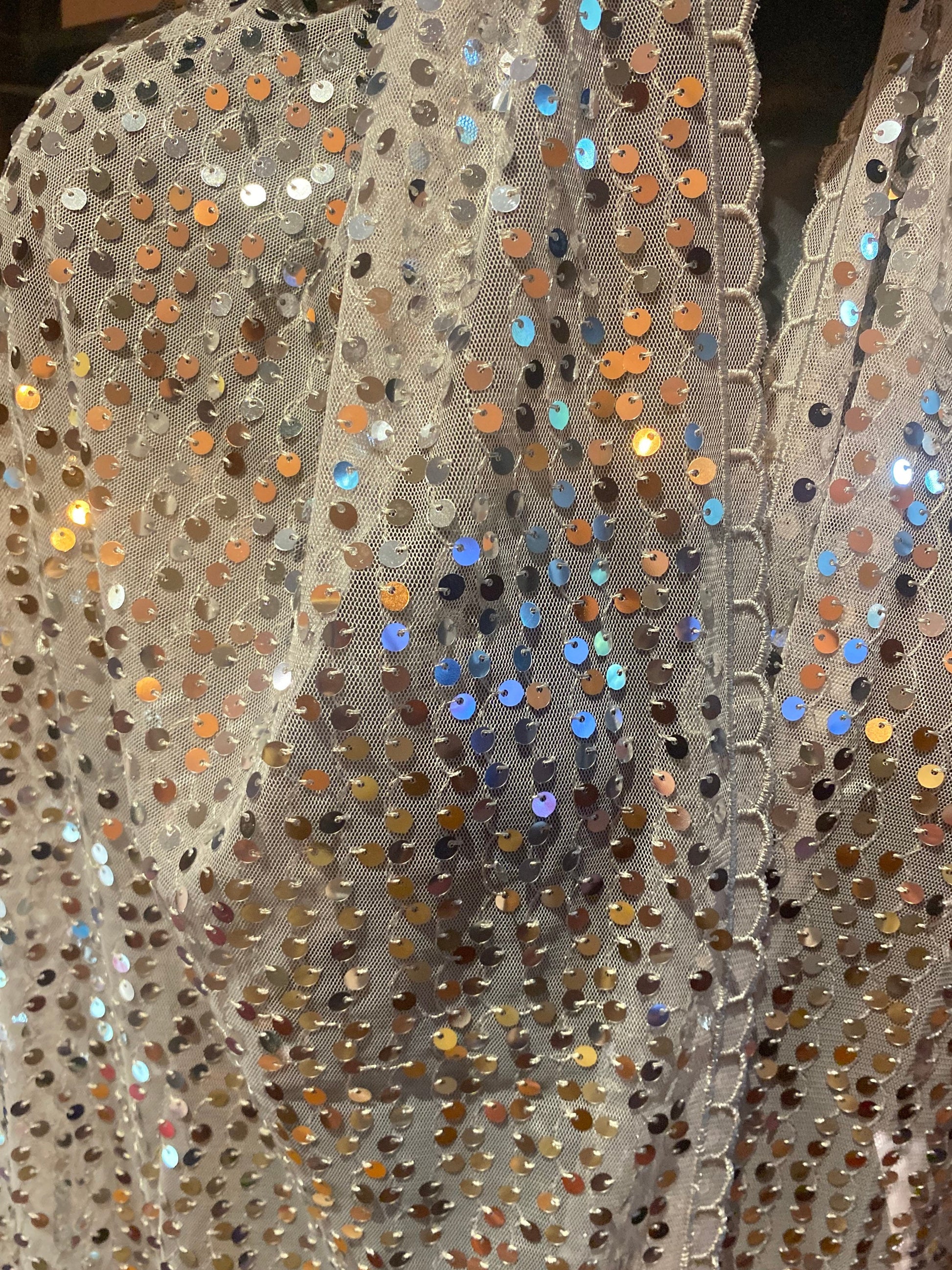 Vintage Styled Sheer Silver Sequined Embroidered Wrap Shawl