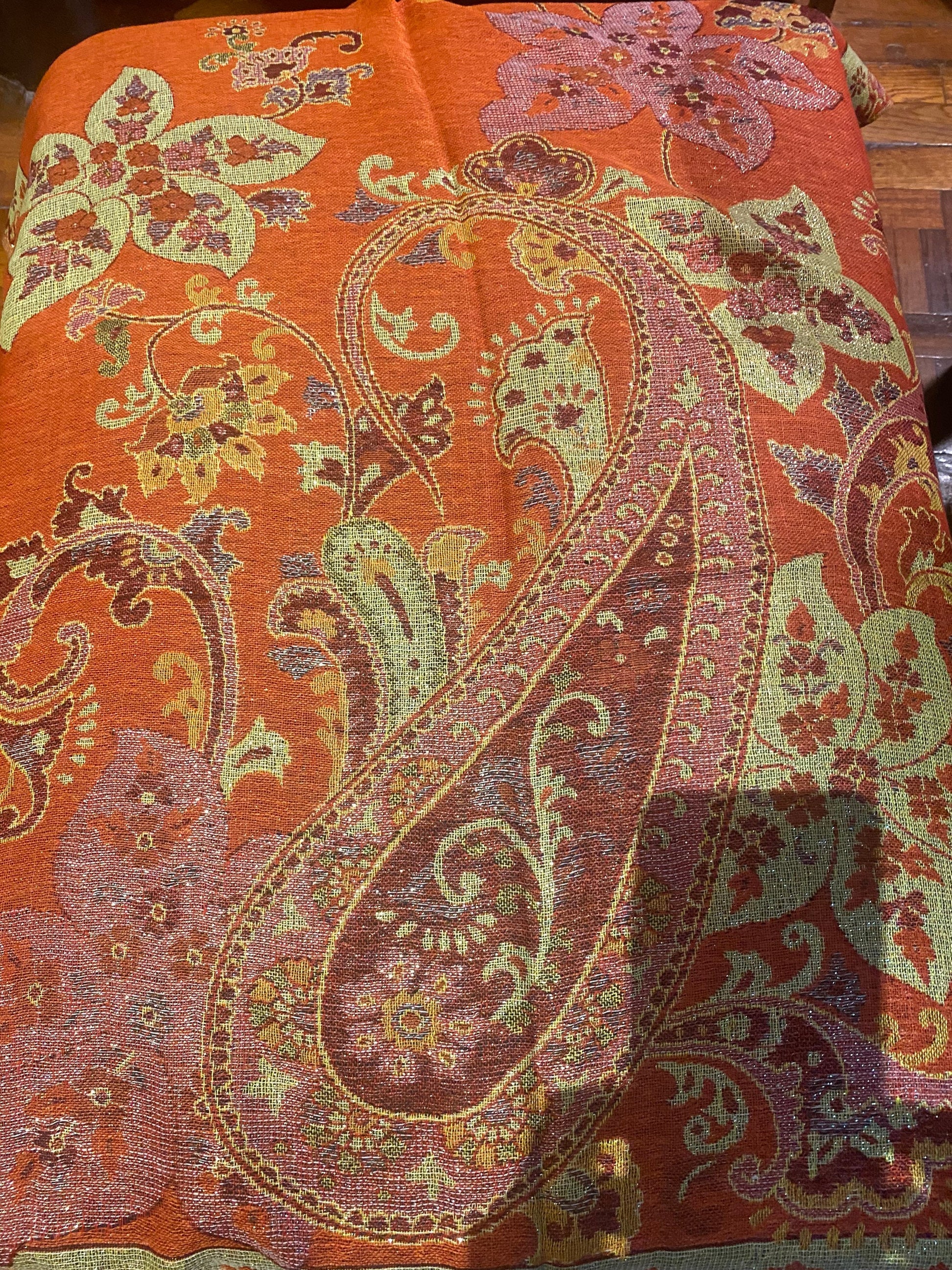 Vintage Orange Gold Paisley Brocade Pashmina Scarf Wrap