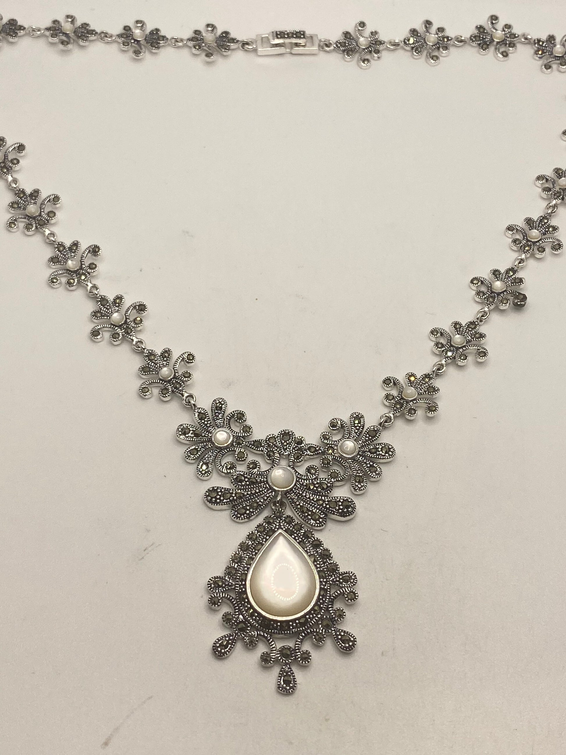 Vintage Marcasite 925 Sterling Silver Mother of Pearl Necklace