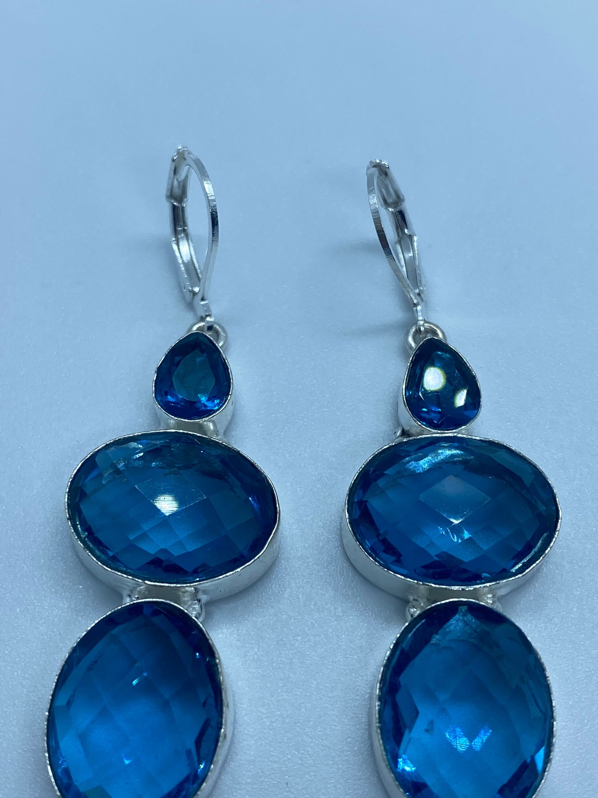 Antique Vintage Blue Topaz and Volcanic Glass Silver Dangle Earrings