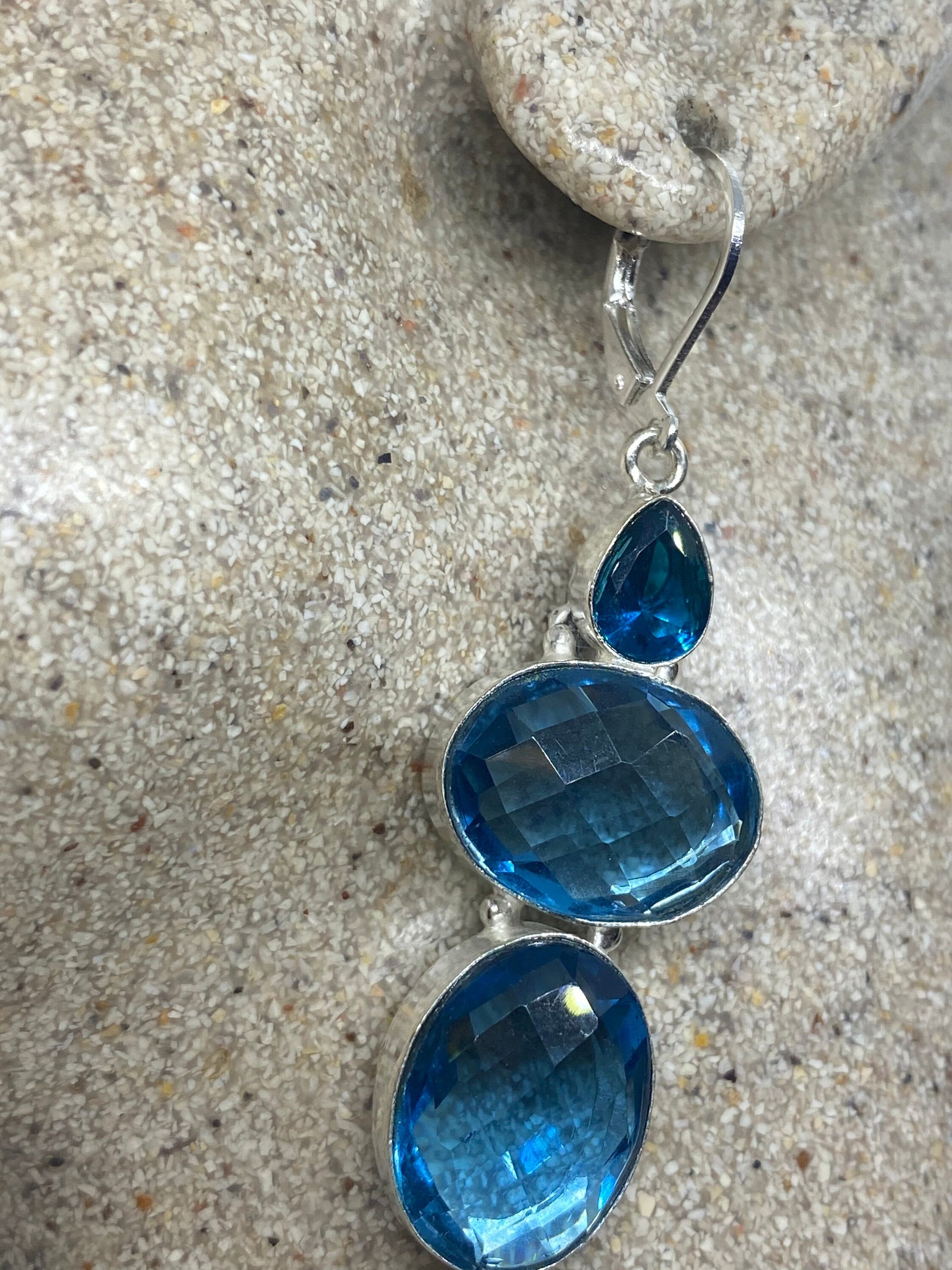 Antique Vintage Blue Topaz and Volcanic Glass Silver Dangle Earrings