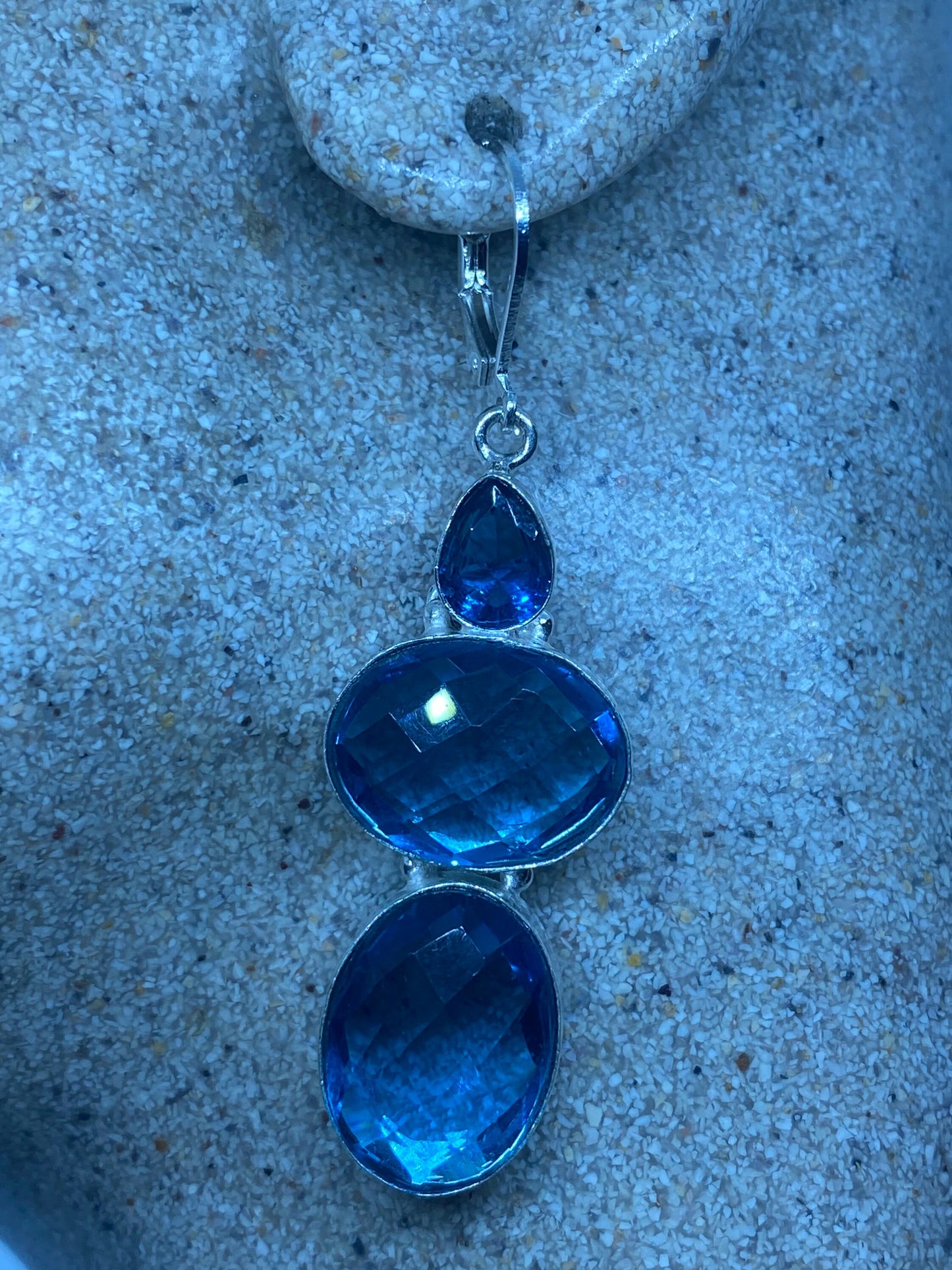 Antique Vintage Blue Topaz and Volcanic Glass Silver Dangle Earrings