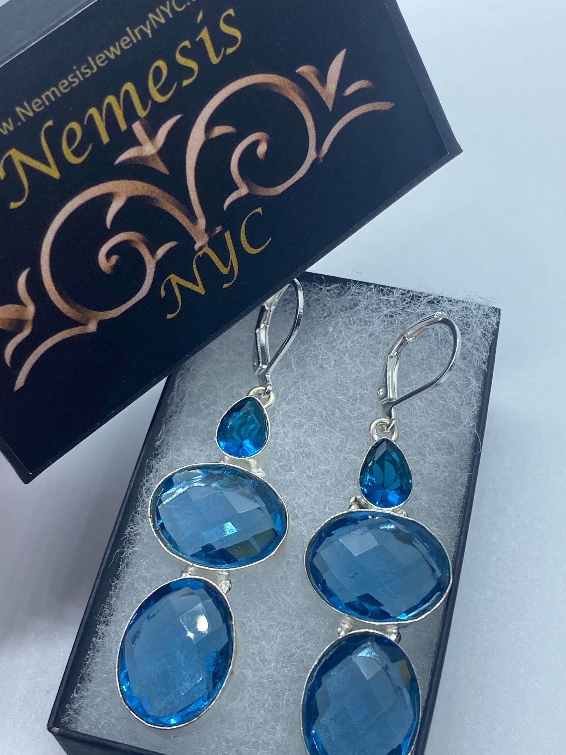 Antique Vintage Blue Topaz and Volcanic Glass Silver Dangle Earrings