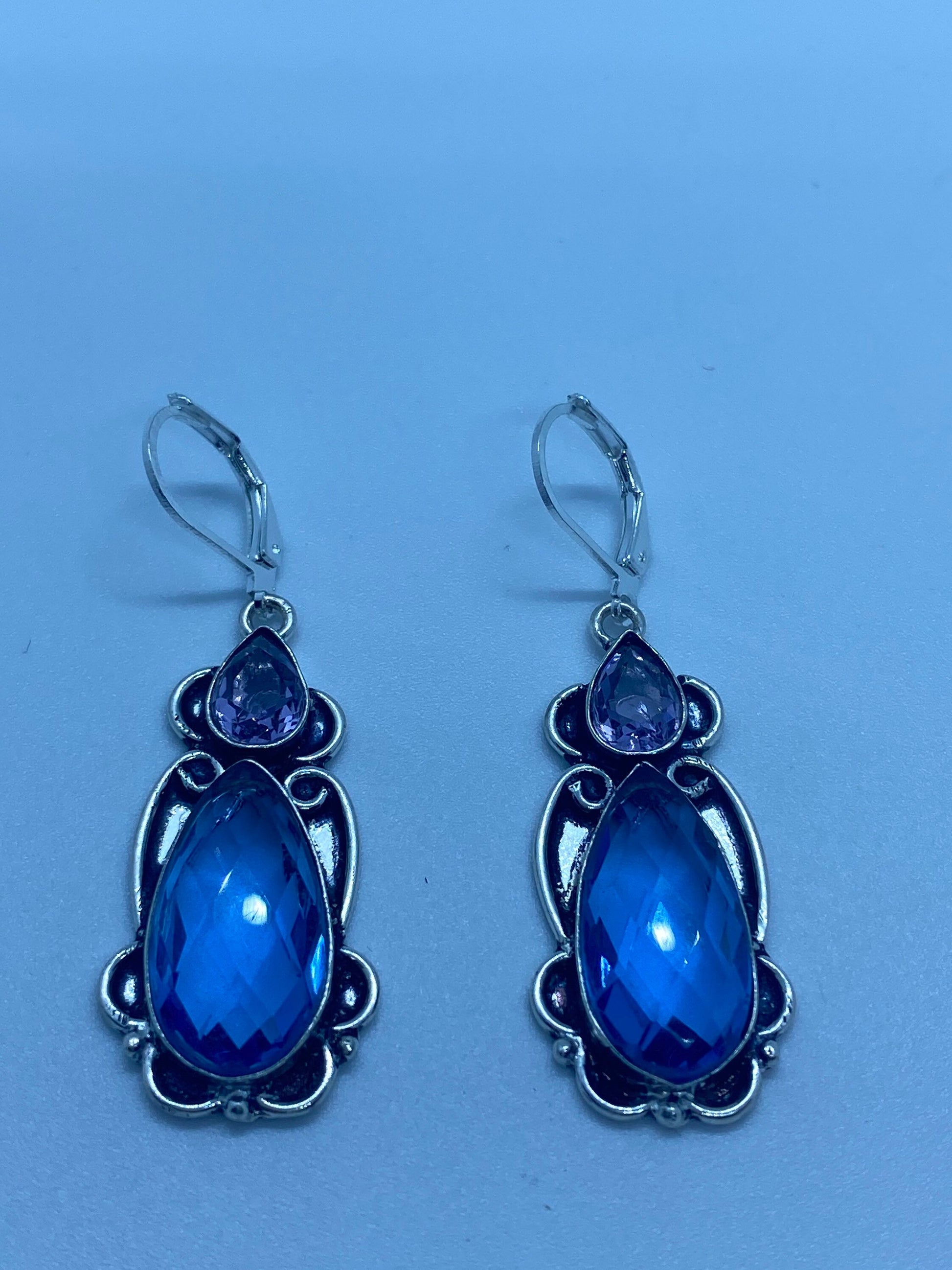 Antique Vintage Purple Amethyst and Blue Volcanic Glass Silver Dangle Earrings