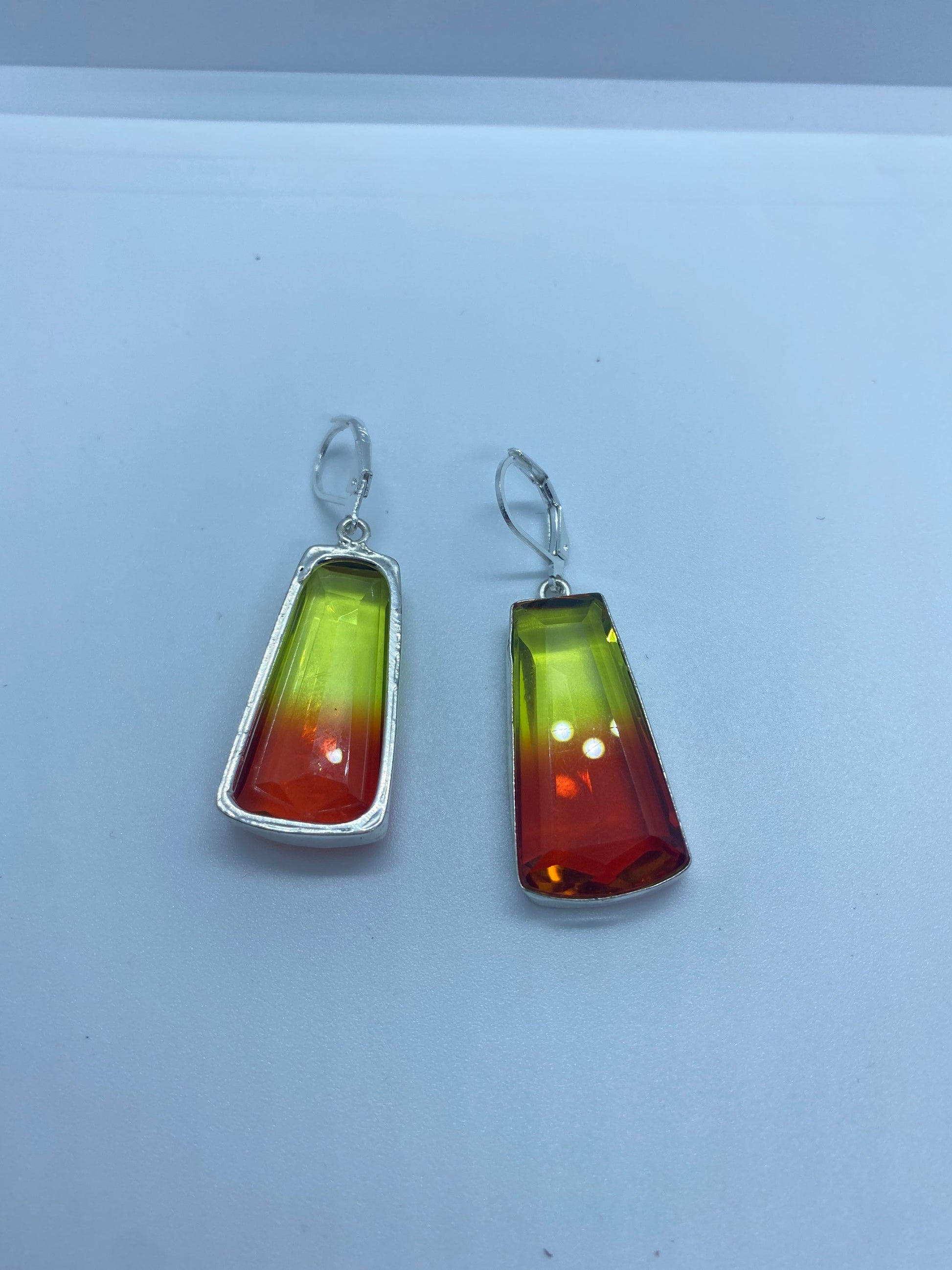 Antique Vintage Red Yellow Volcanic Glass Silver Dangle Earrings