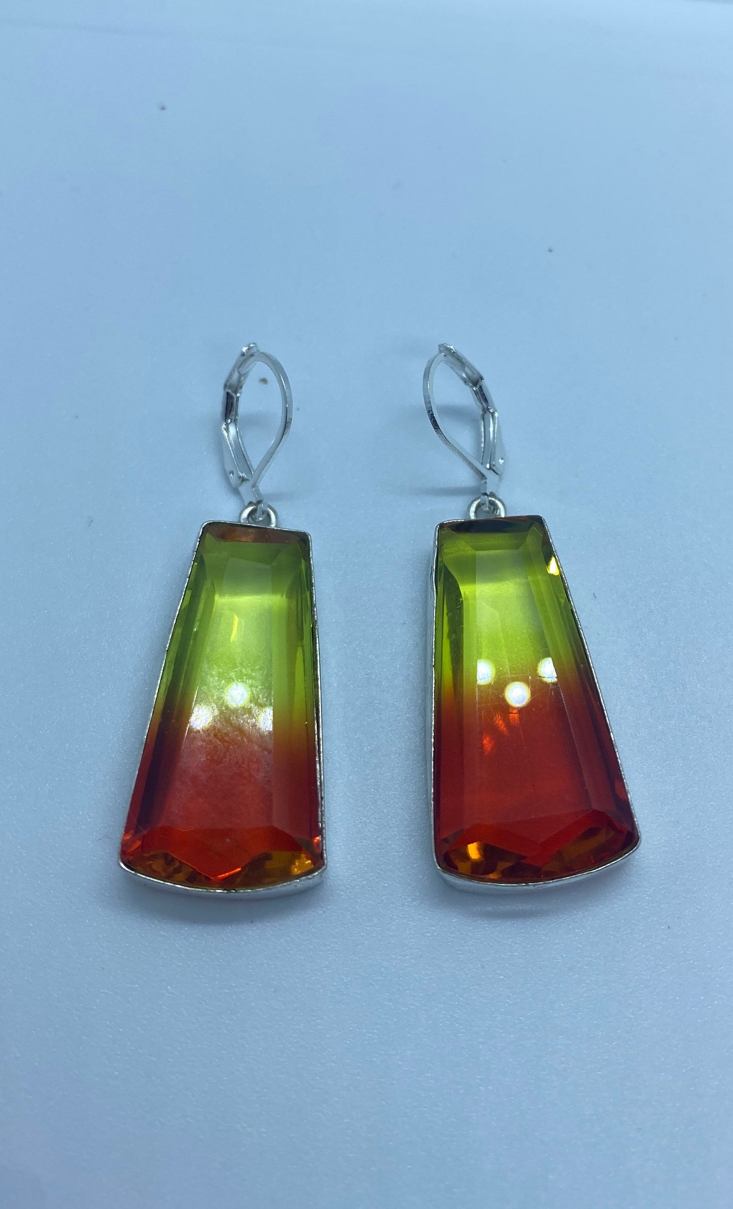 Antique Vintage Red Yellow Volcanic Glass Silver Dangle Earrings