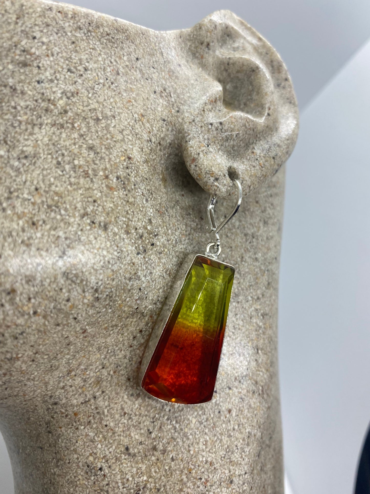 Antique Vintage Red Yellow Volcanic Glass Silver Dangle Earrings