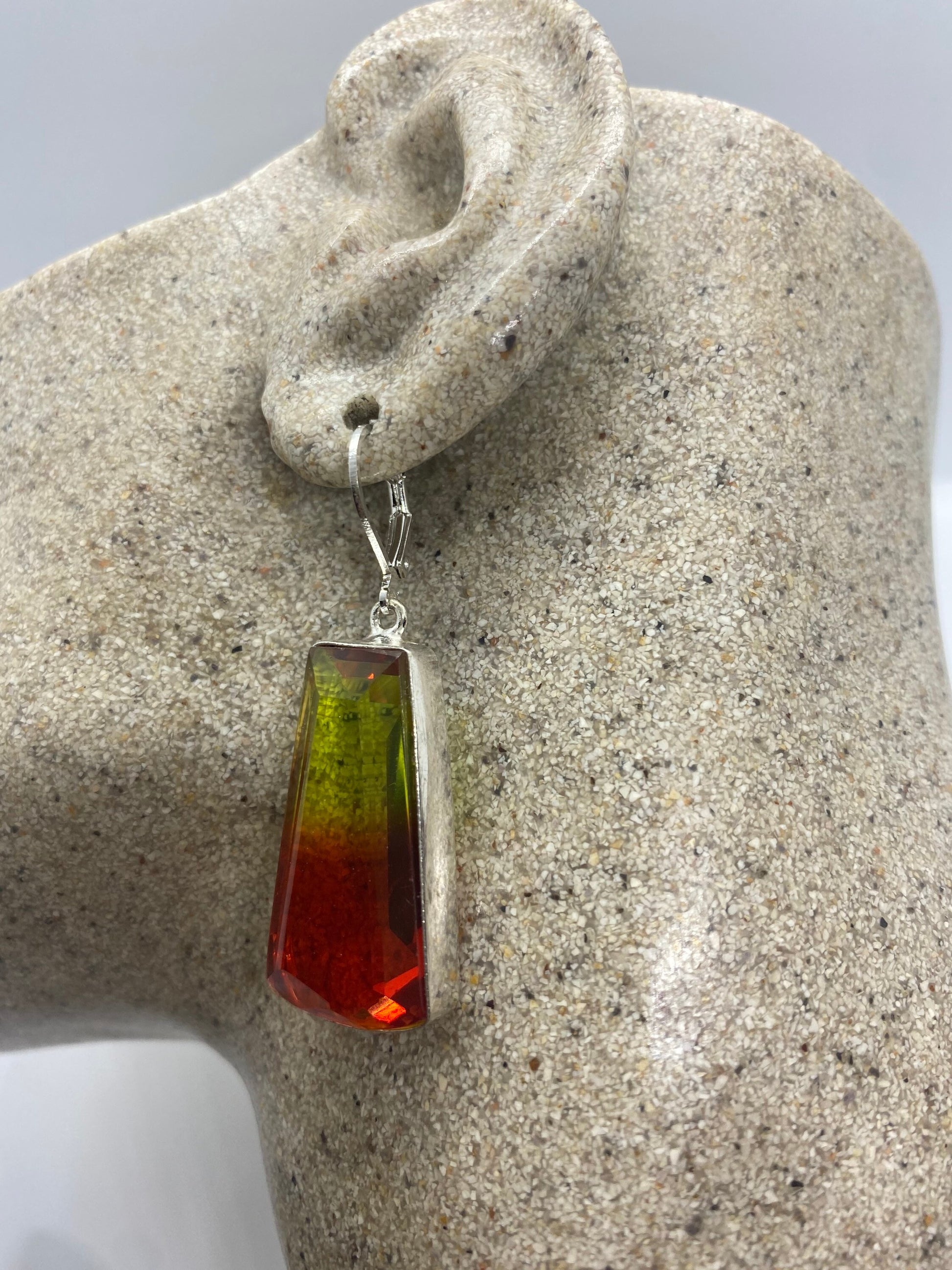 Antique Vintage Red Yellow Volcanic Glass Silver Dangle Earrings