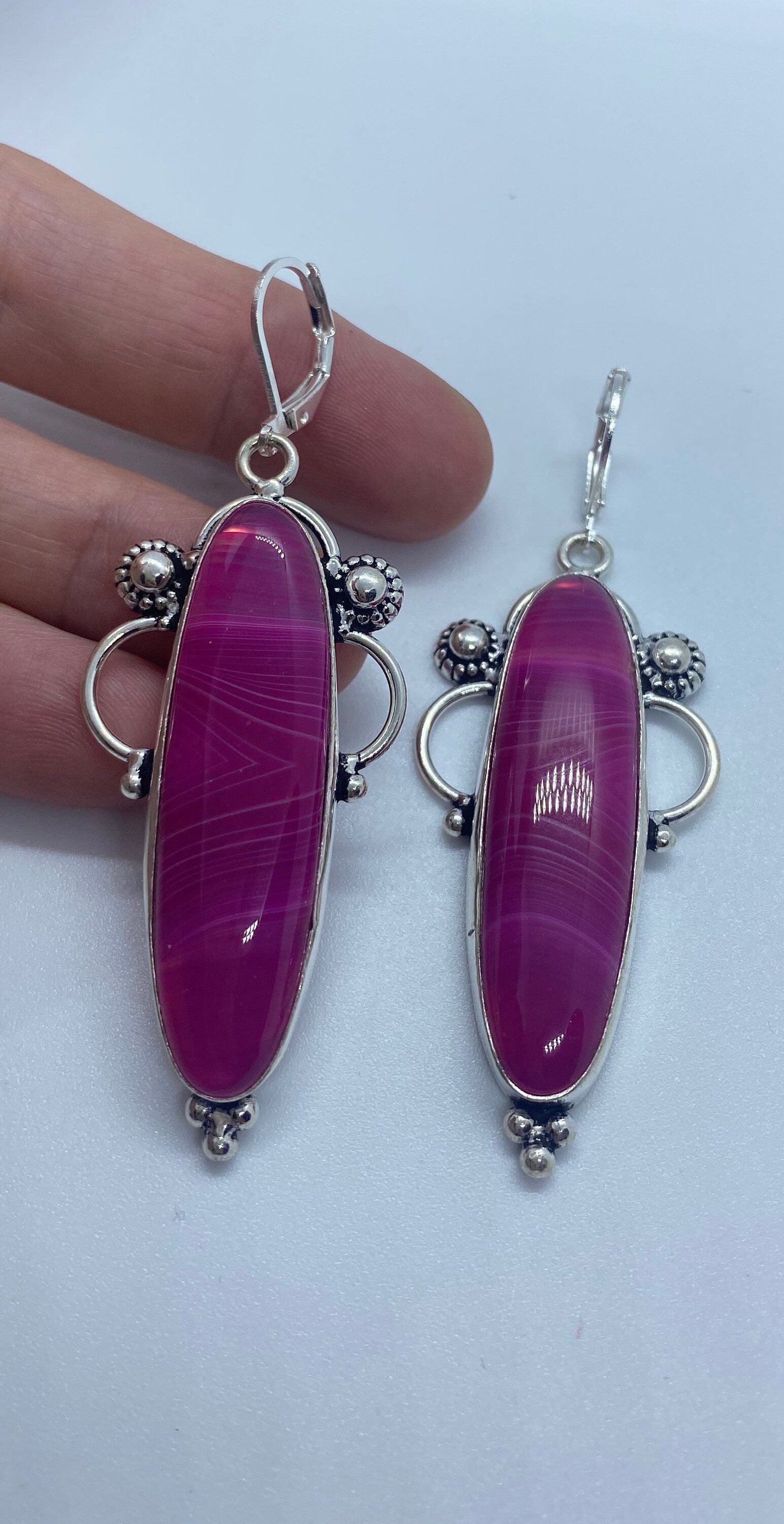 Antique Vintage Purple Banded agate Silver Dangle Earrings