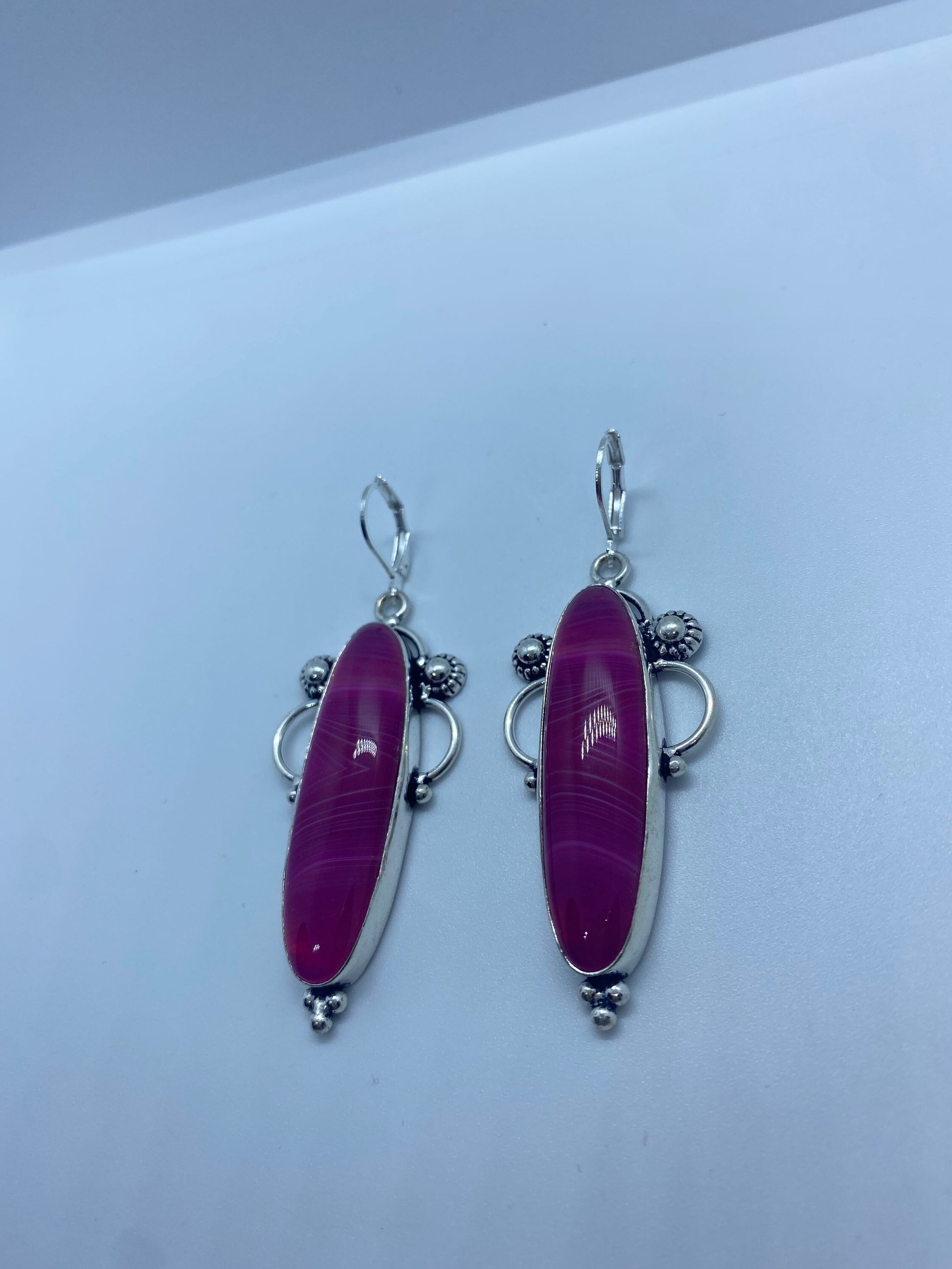 Antique Vintage Purple Banded agate Silver Dangle Earrings