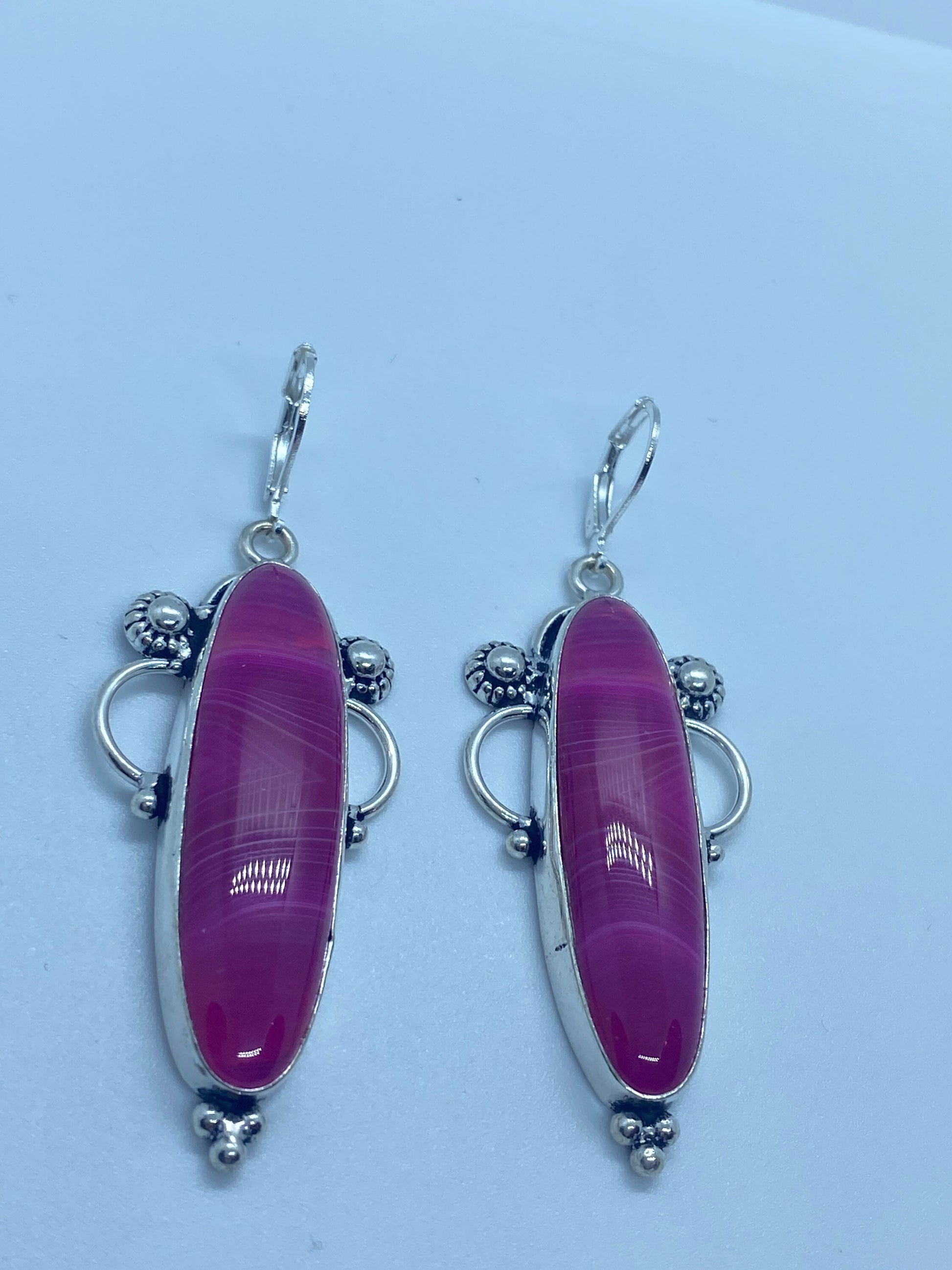 Antique Vintage Purple Banded agate Silver Dangle Earrings