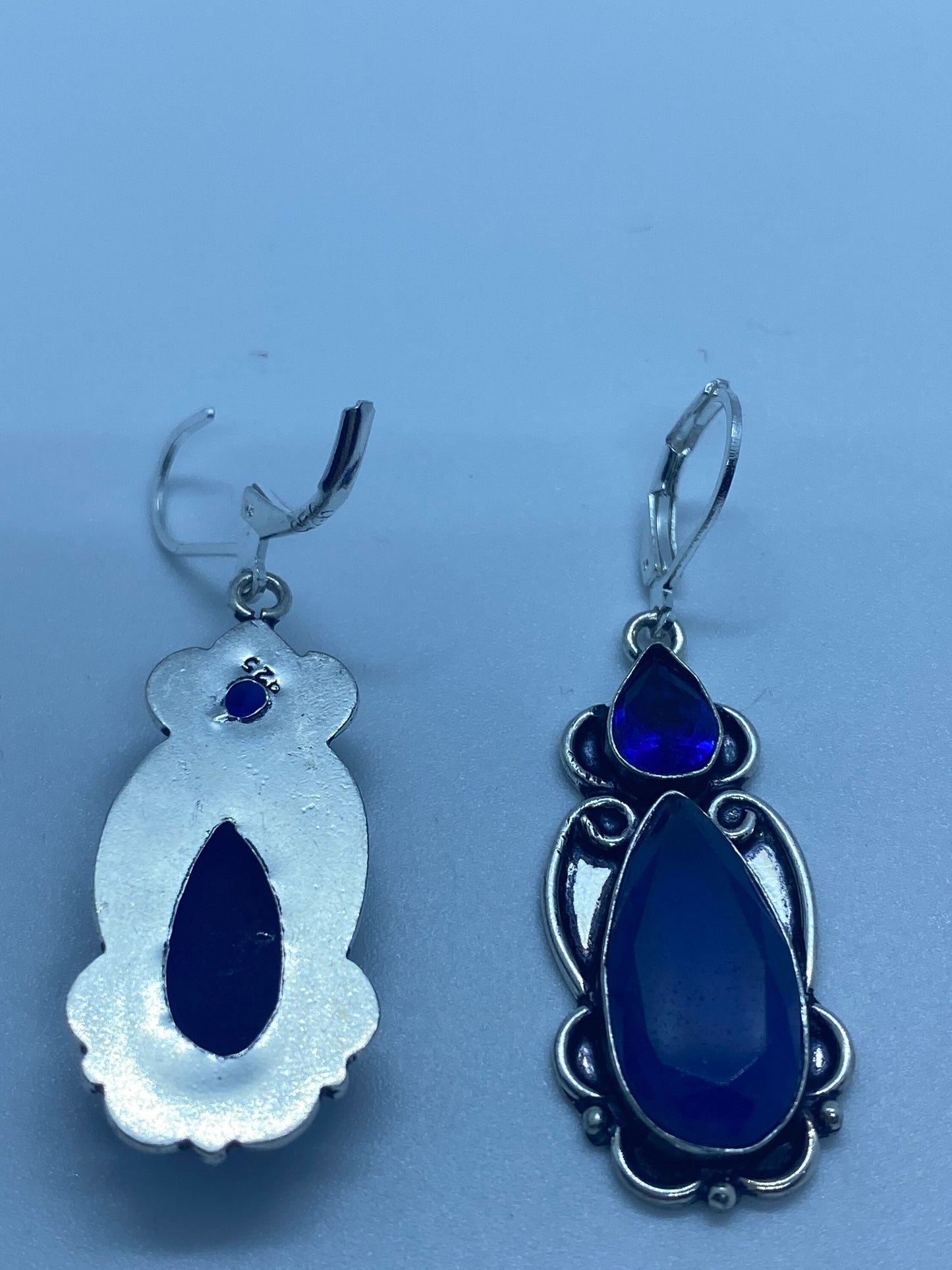 Vintage Colbolt Blue Glass and Raw Sapphire Earrings 925 Sterling Silver Lever-back