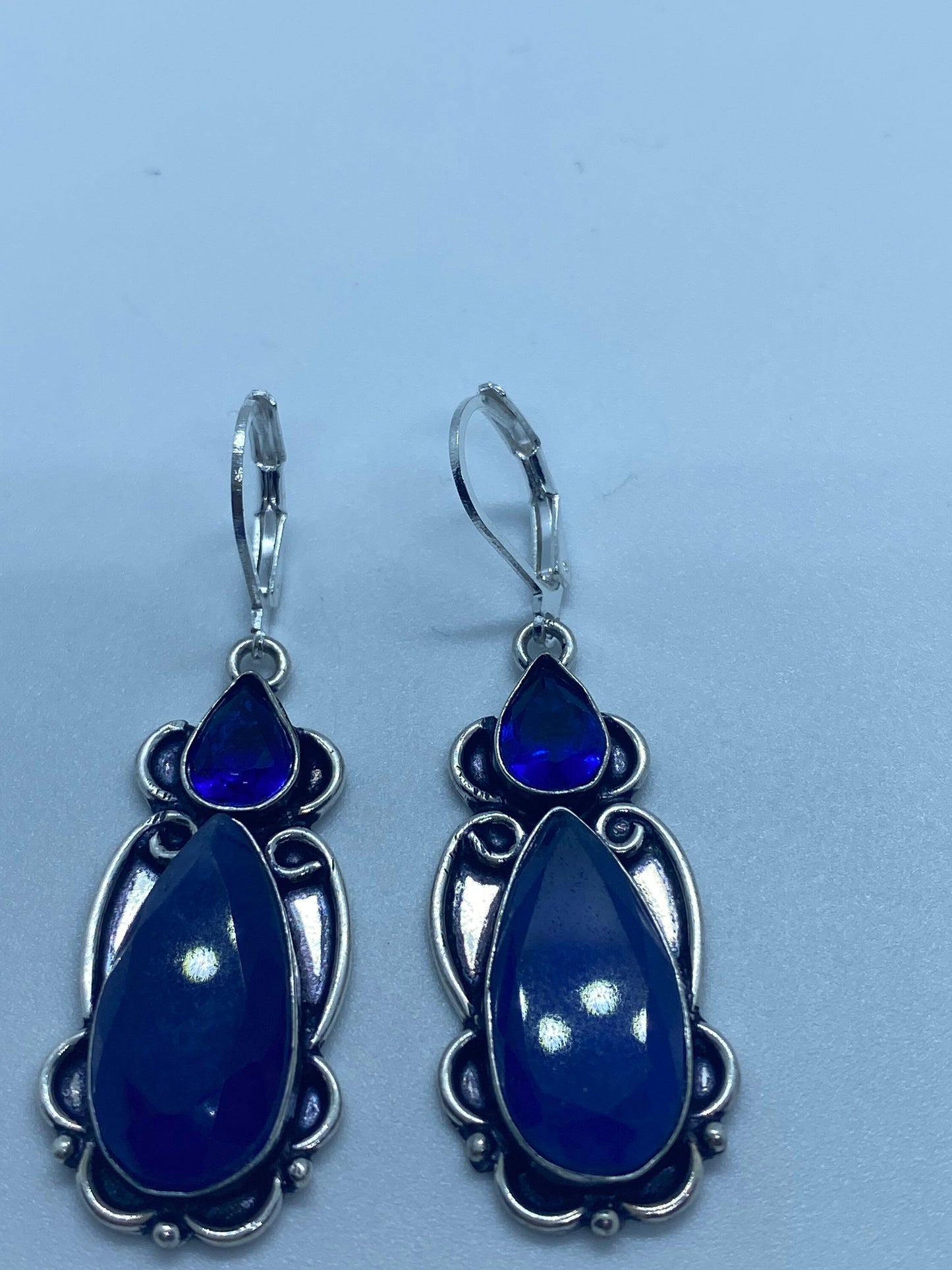 Vintage Colbolt Blue Glass and Raw Sapphire Earrings 925 Sterling Silver Lever-back