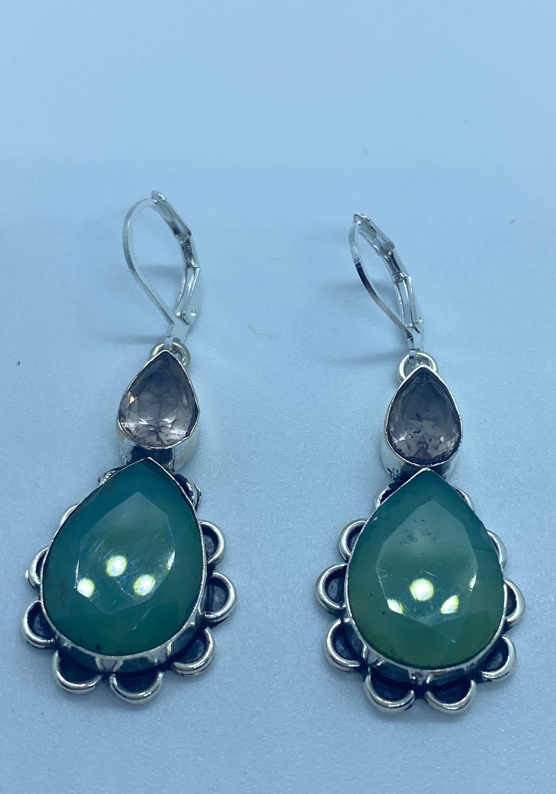 Antique Vintage Green Aventurine Jade Silver Dangle Earrings