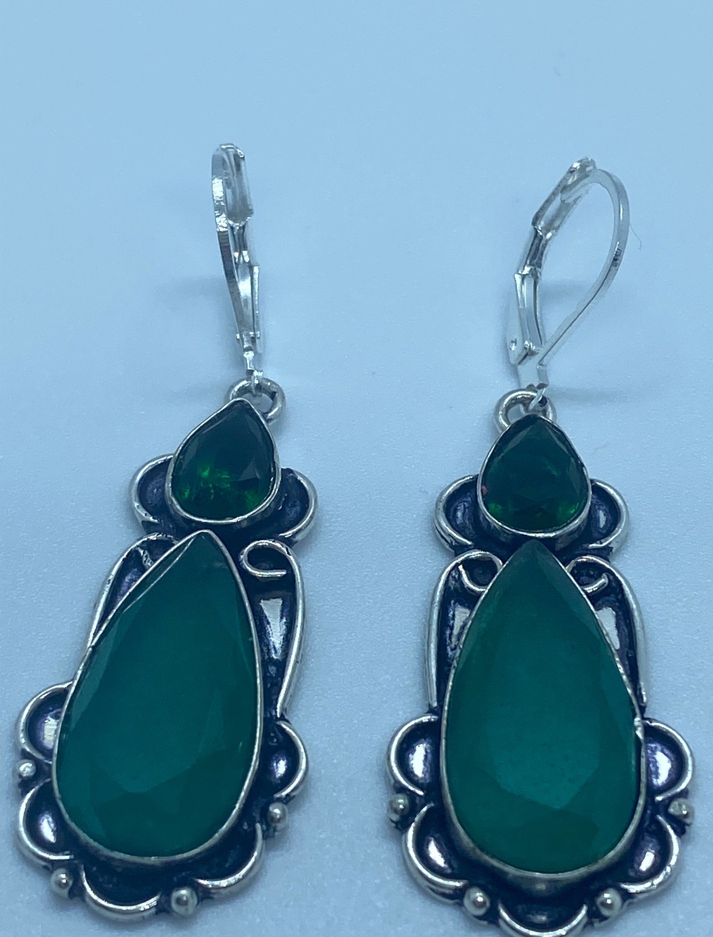 Vintage Genuine Raw Emerald Gemstone Filigree Sterling Silver Lever Back Dangle Earrings