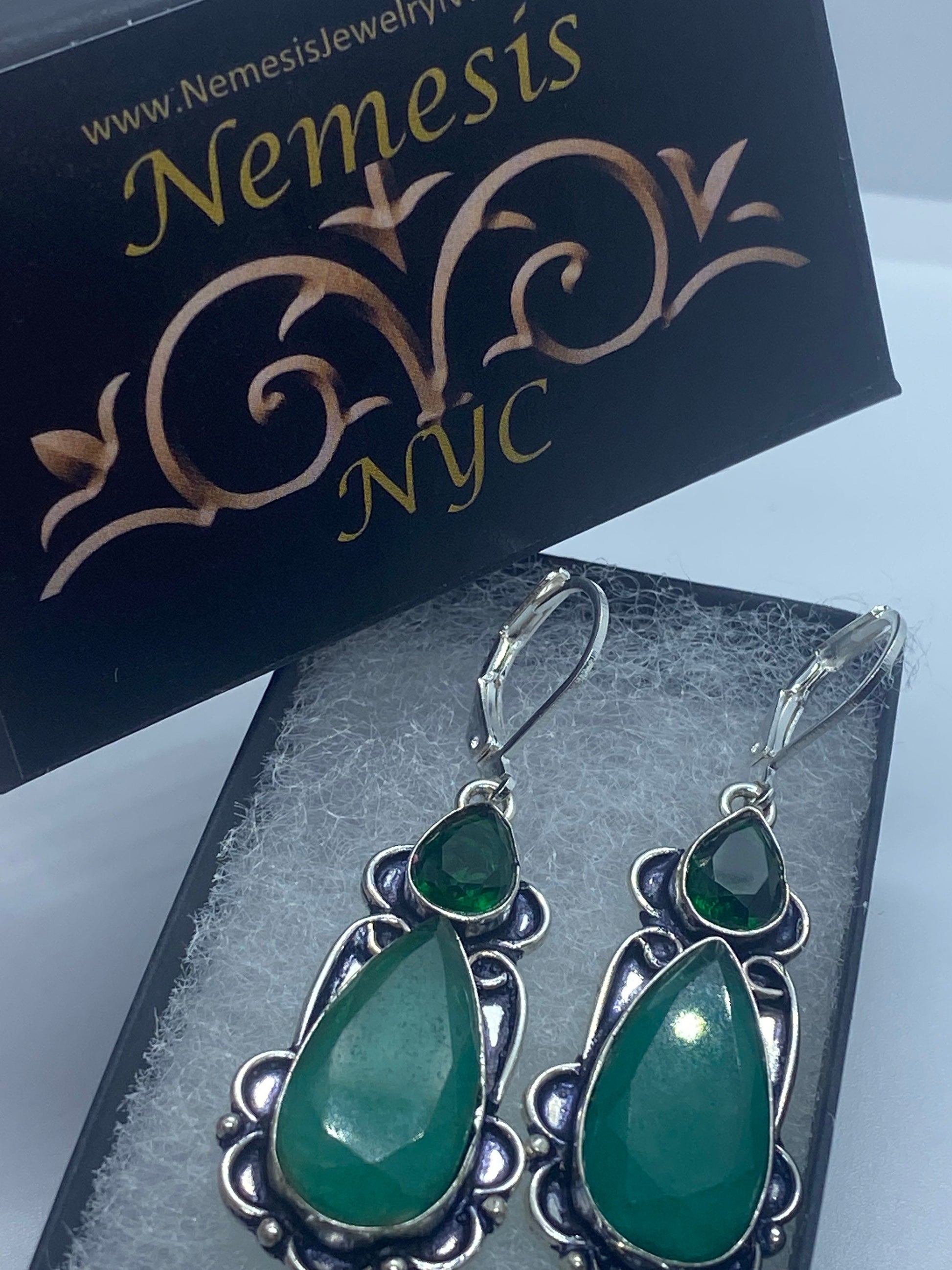 Vintage Genuine Raw Emerald Gemstone Filigree Sterling Silver Lever Back Dangle Earrings