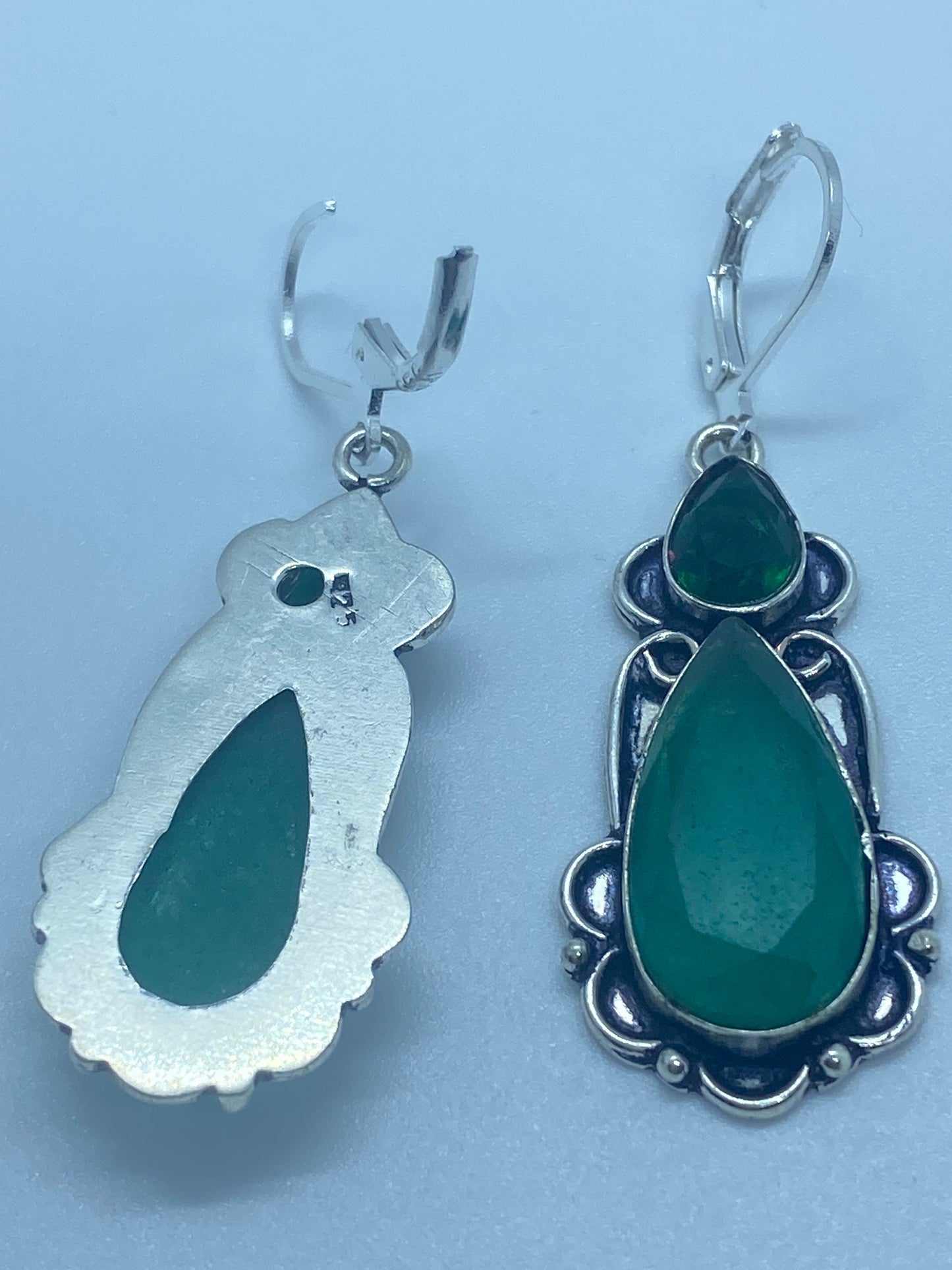 Vintage Genuine Raw Emerald Gemstone Filigree Sterling Silver Lever Back Dangle Earrings