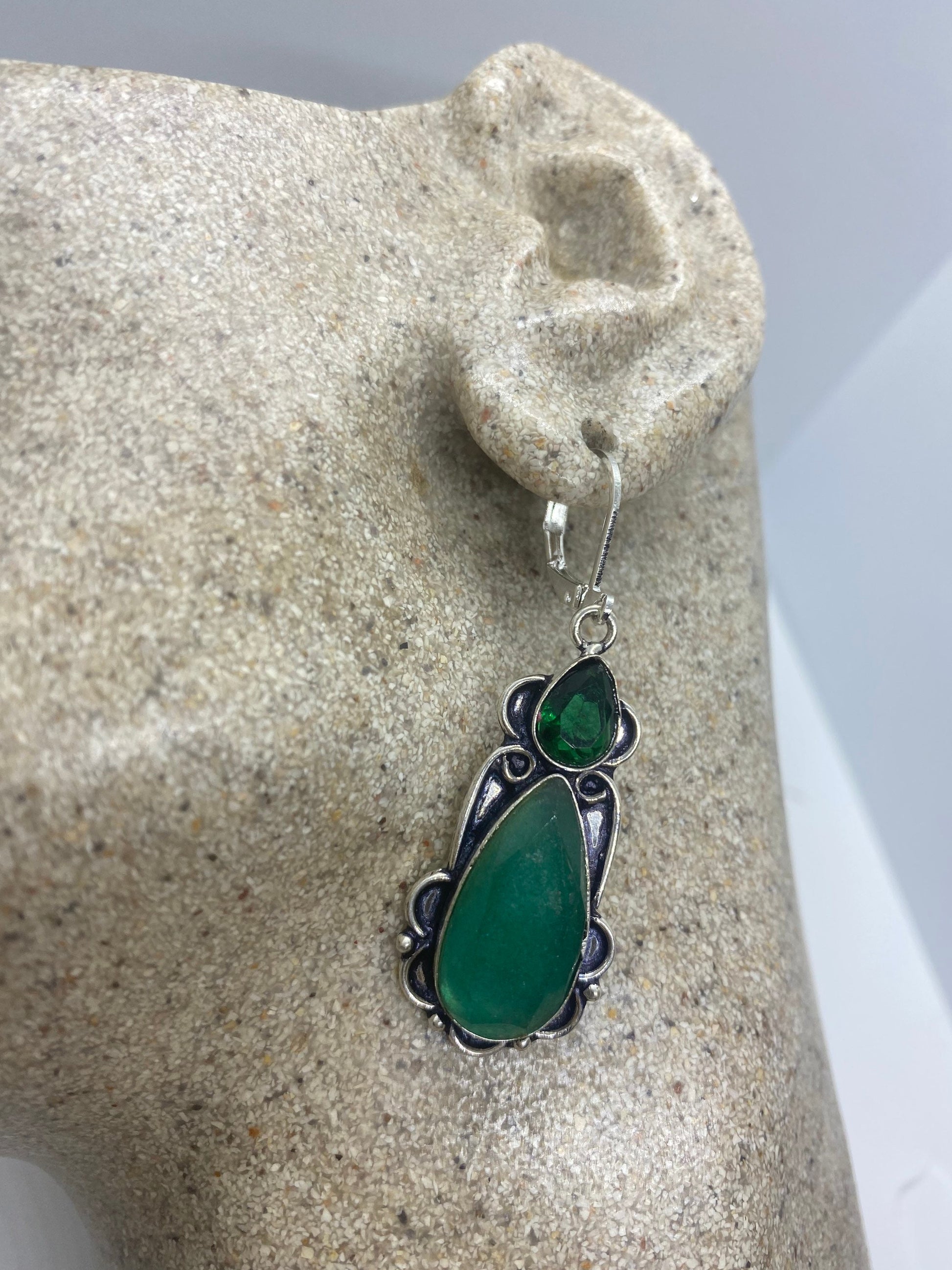 Vintage Genuine Raw Emerald Gemstone Filigree Sterling Silver Lever Back Dangle Earrings