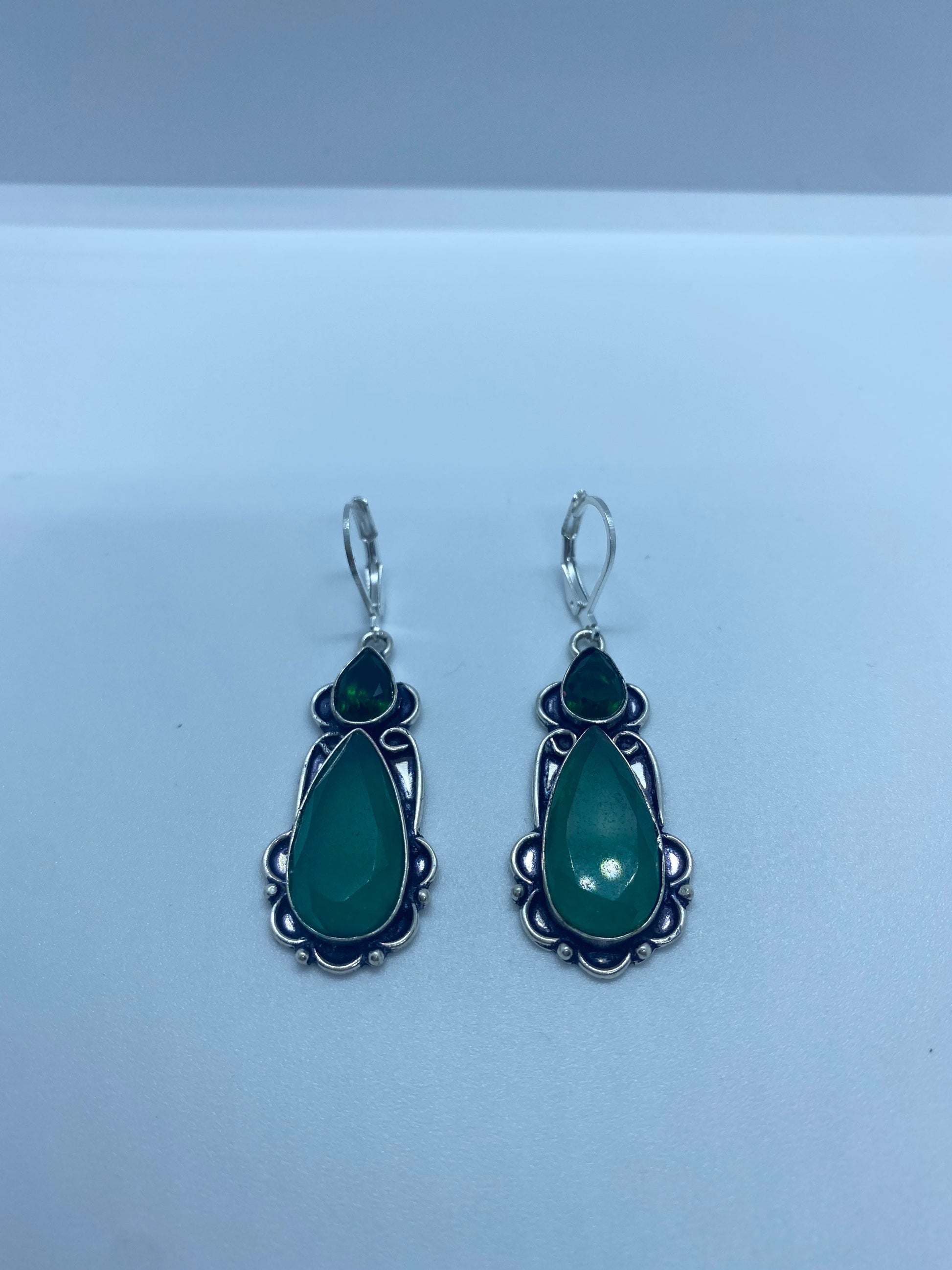 Vintage Genuine Raw Emerald Gemstone Filigree Sterling Silver Lever Back Dangle Earrings