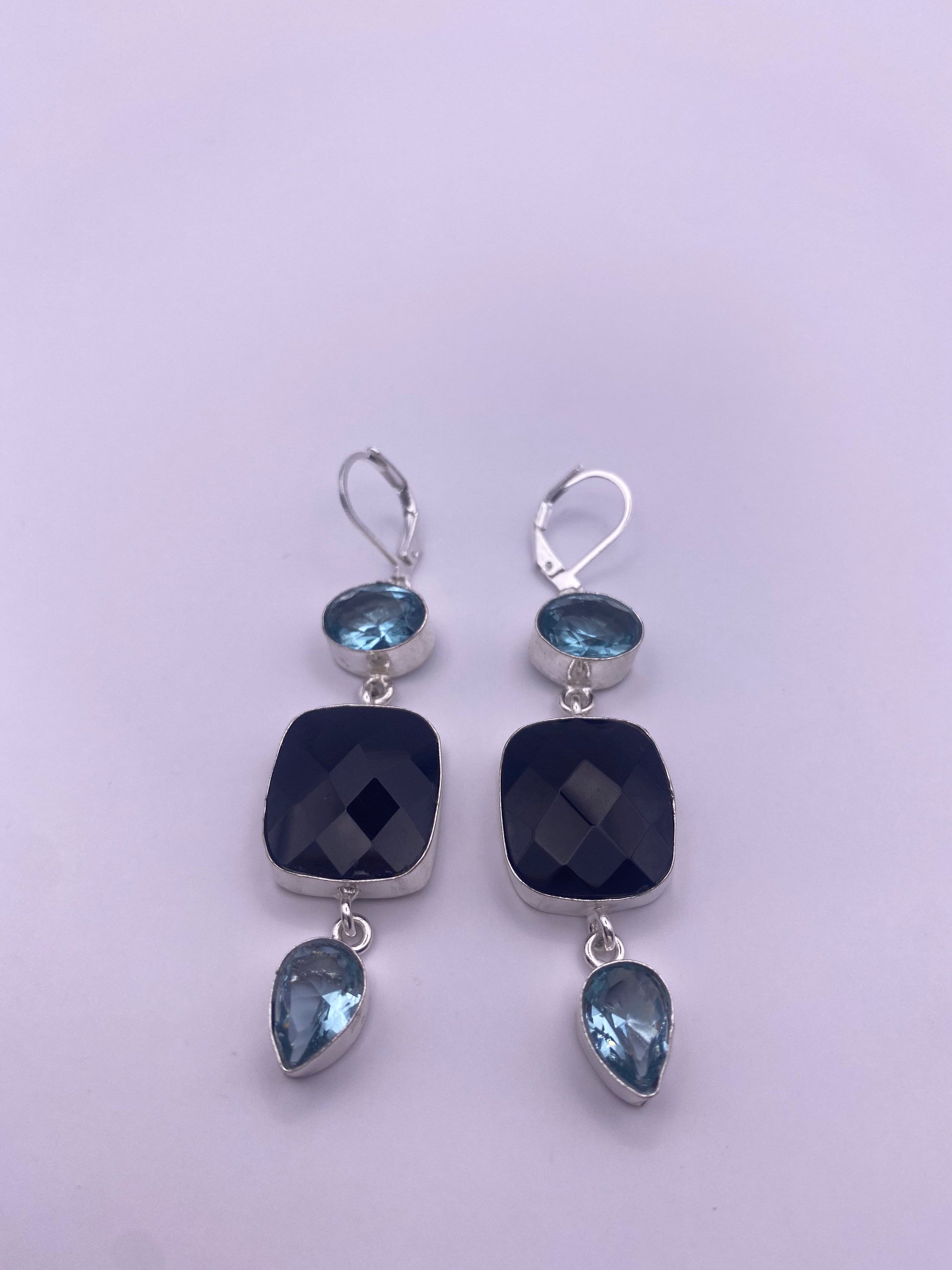 Vintage Genuine Black Onyx Blue Topaz 925 Sterling Silver Deco Dangle Earrings