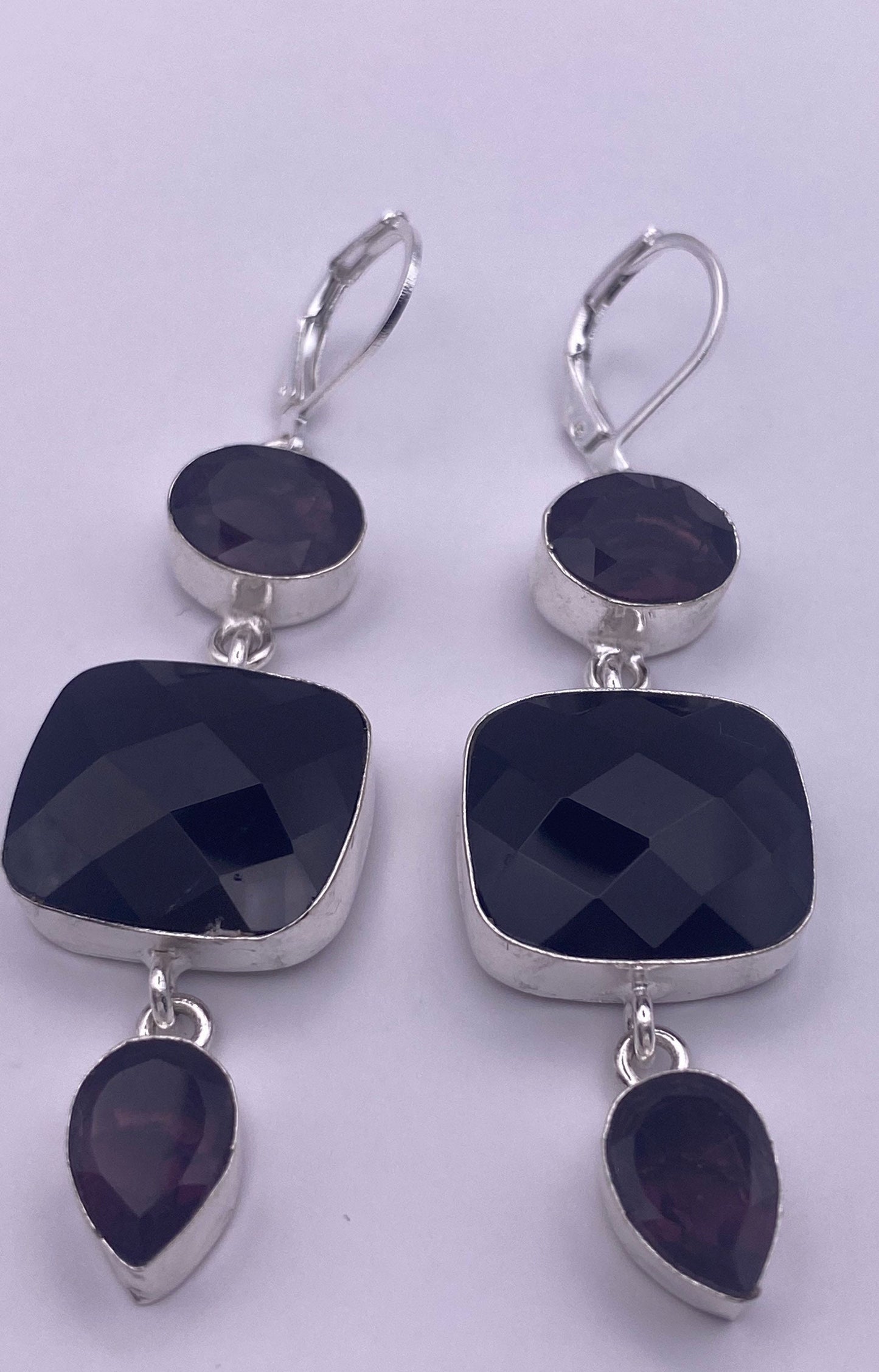 Vintage Black Onyx Amethyst Sterling Silver Deco Dangle Earrings