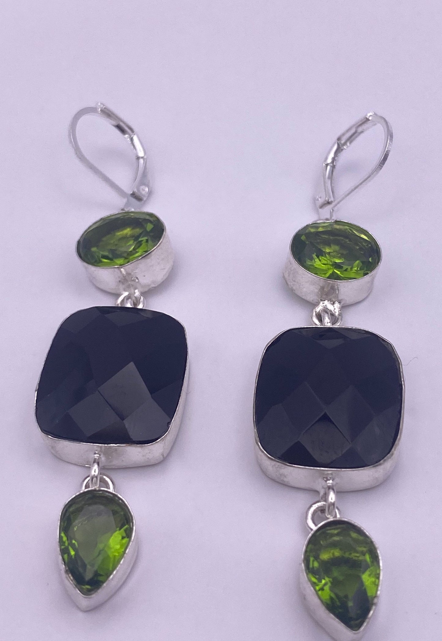 Vintage Black Onyx Peridot Sterling Silver Deco Dangle Earrings