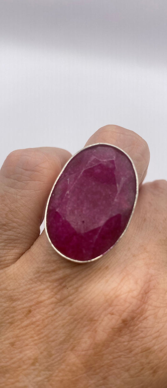 Vintage Raw Pink Ruby Deco Silver Cocktail Ring