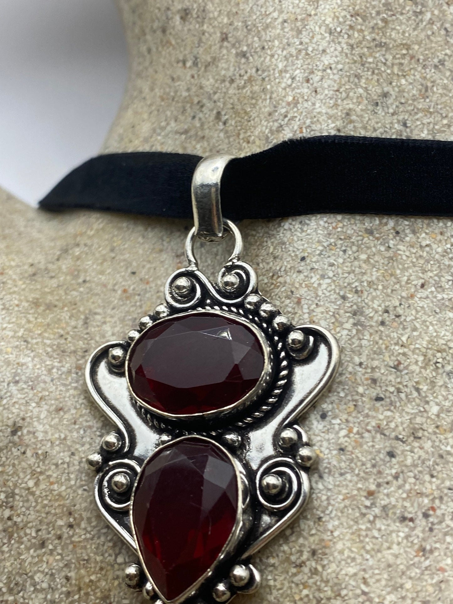 Vintage Ruby Glass Black Velvet Choker Necklace