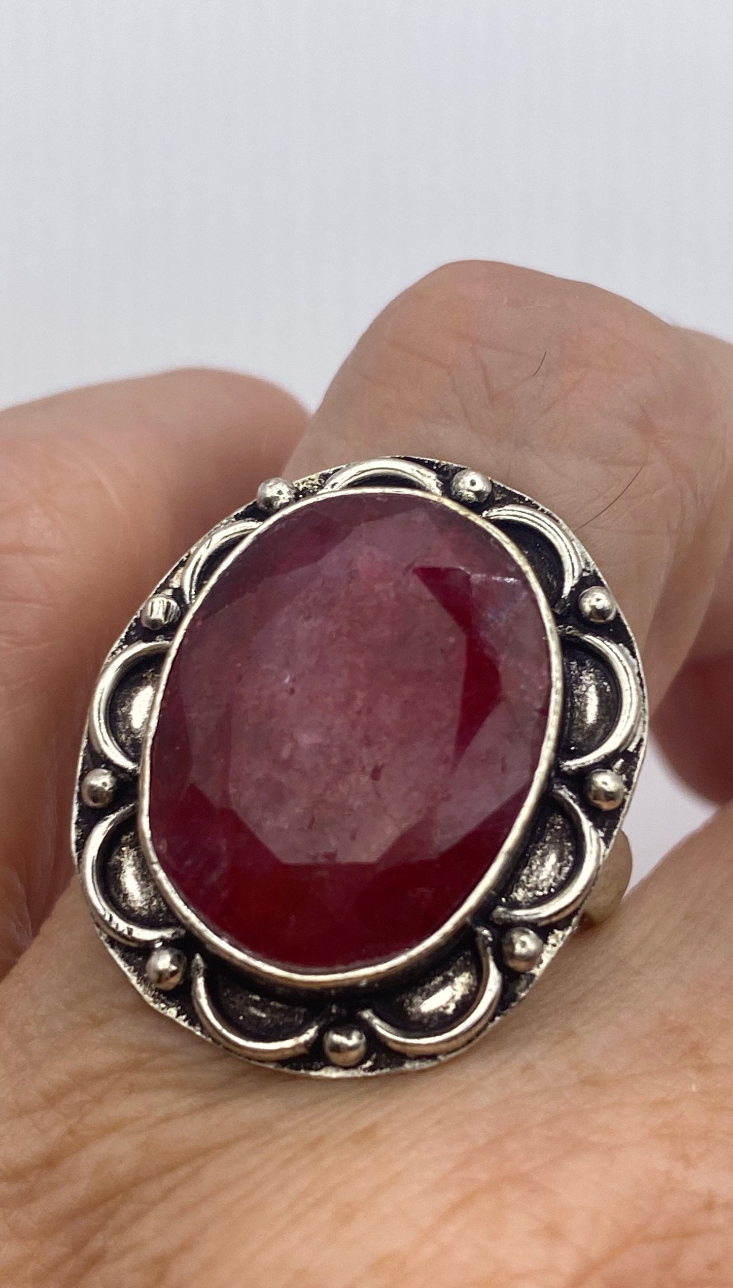 Vintage Raw Pink Ruby Deco Silver Cocktail Ring