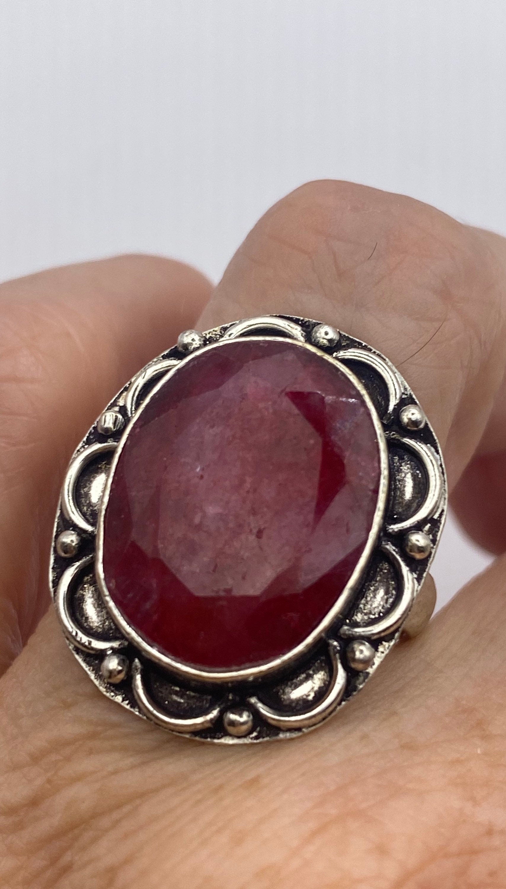 Vintage Raw Pink Ruby Deco Silver Cocktail Ring