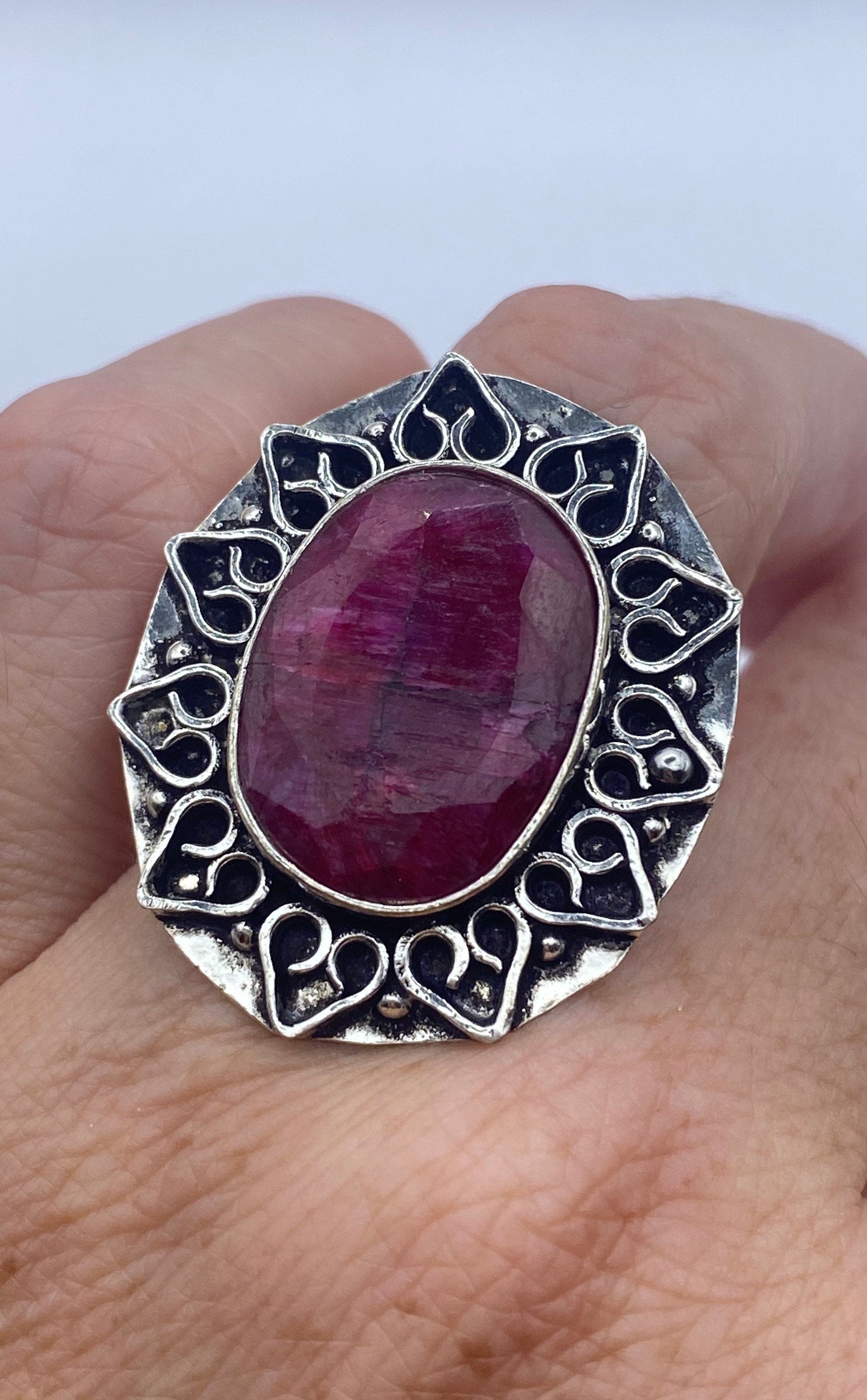 Vintage Raw Pink Ruby Deco Silver Cocktail Ring