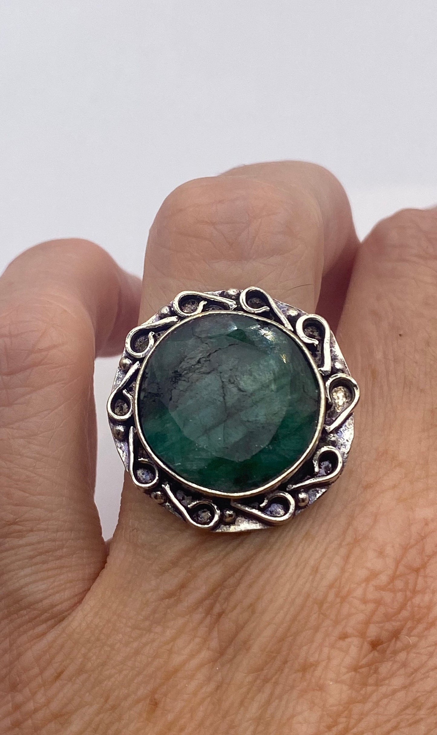 Vintage Green Raw Emerald Silver Bronze Statement Boho Ring