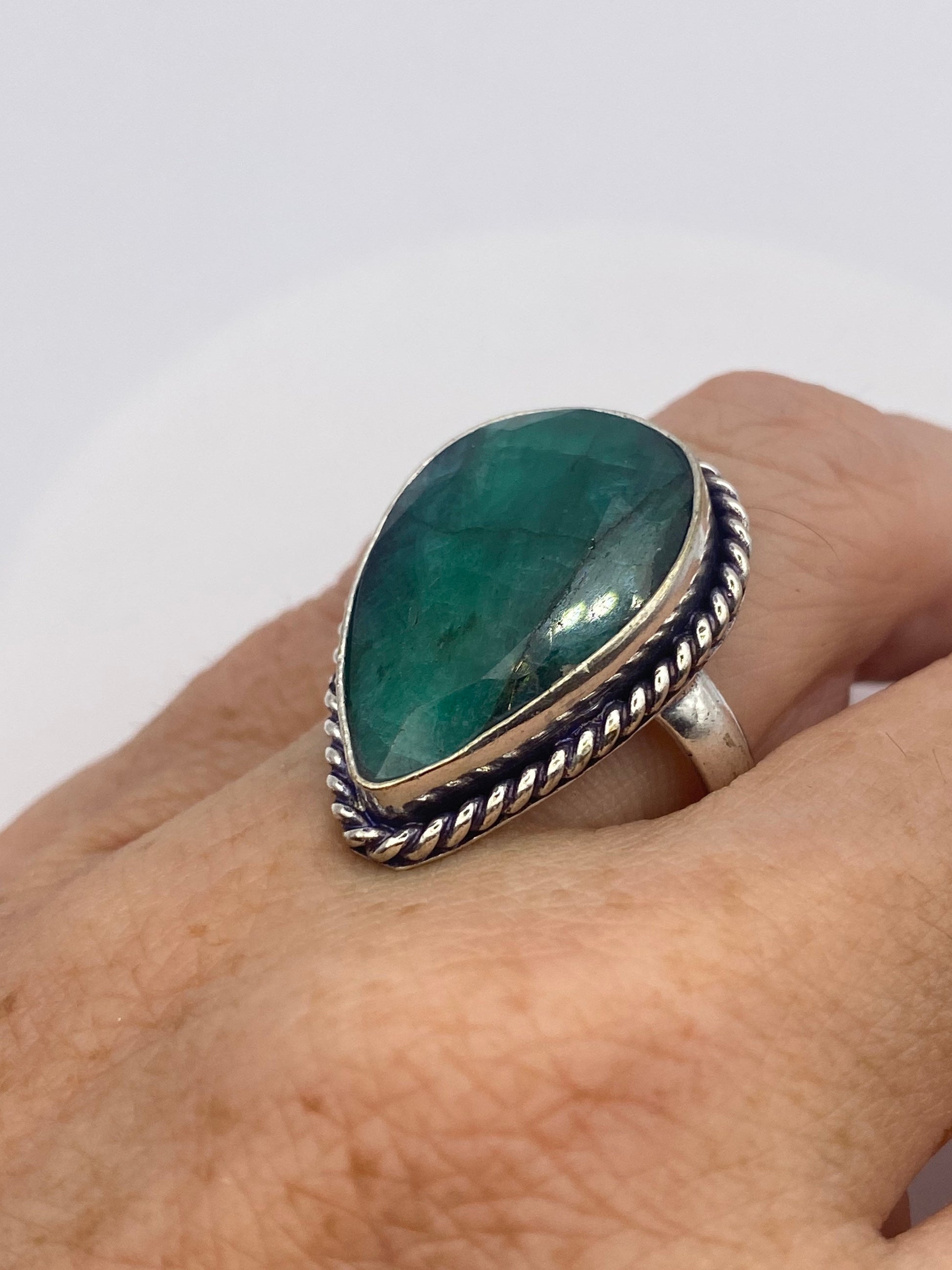 Vintage Green Raw Emerald Silver Bronze Statement Boho Ring