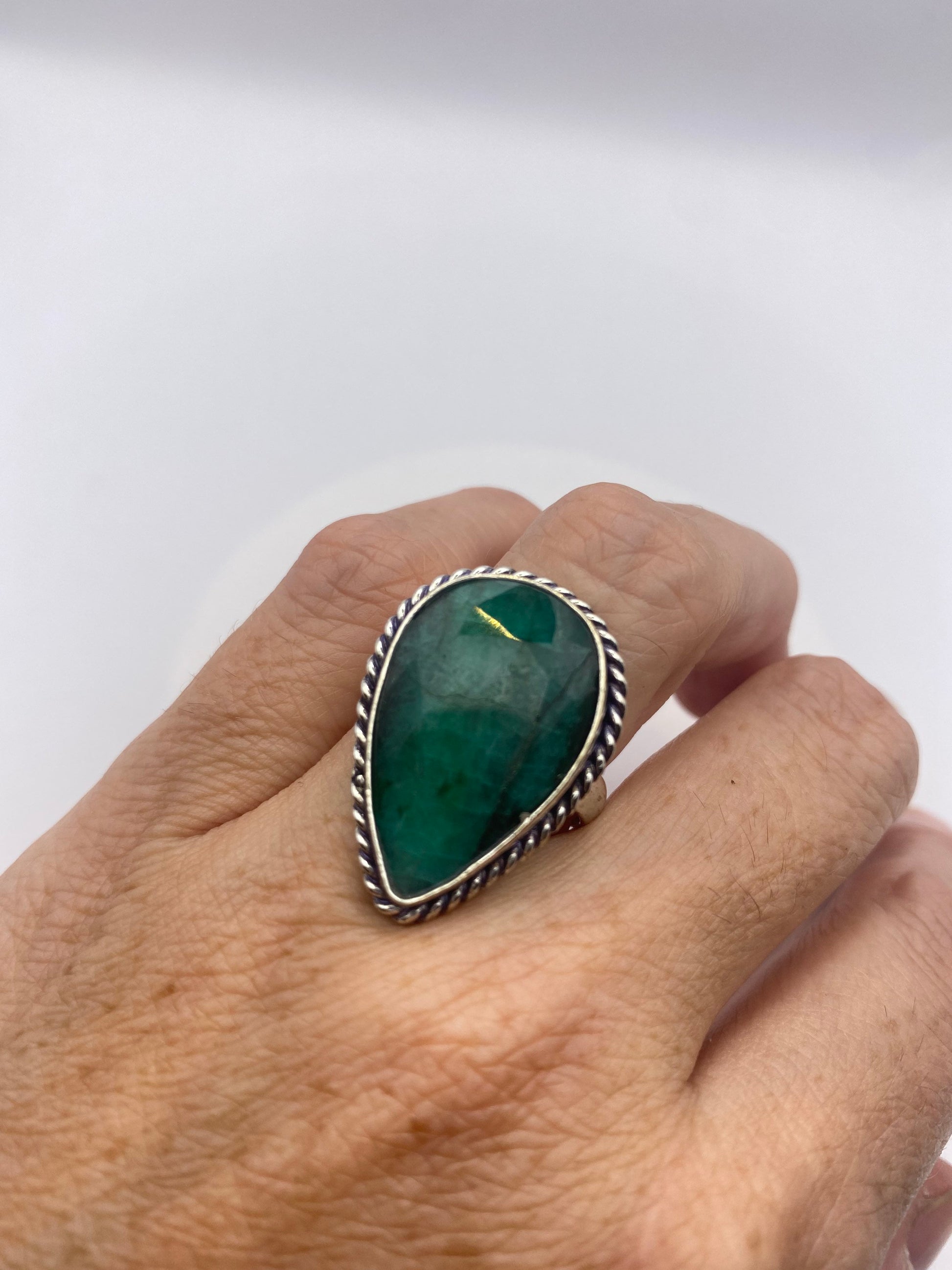 Vintage Green Raw Emerald Silver Bronze Statement Boho Ring