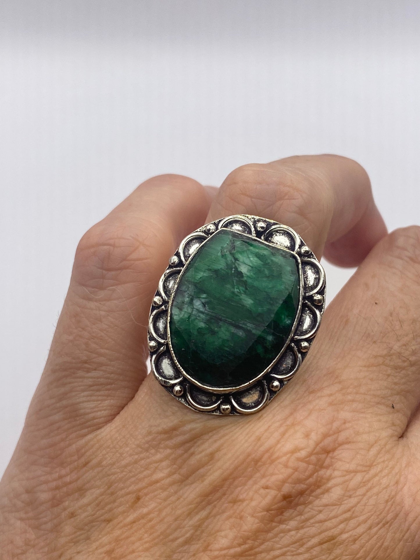 Vintage Green Raw Emerald Silver Bronze Statement Boho Ring