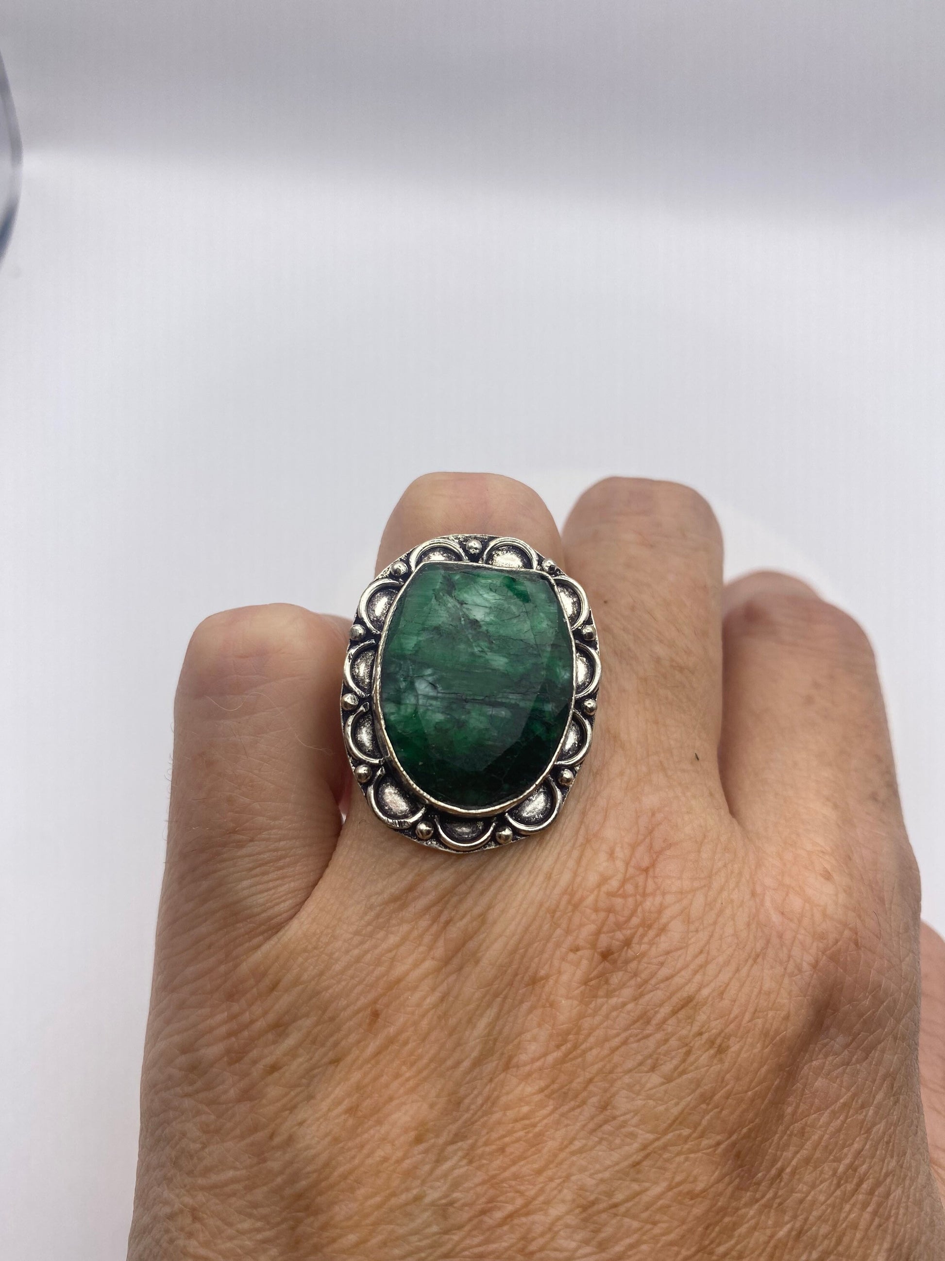 Vintage Green Raw Emerald Silver Bronze Statement Boho Ring