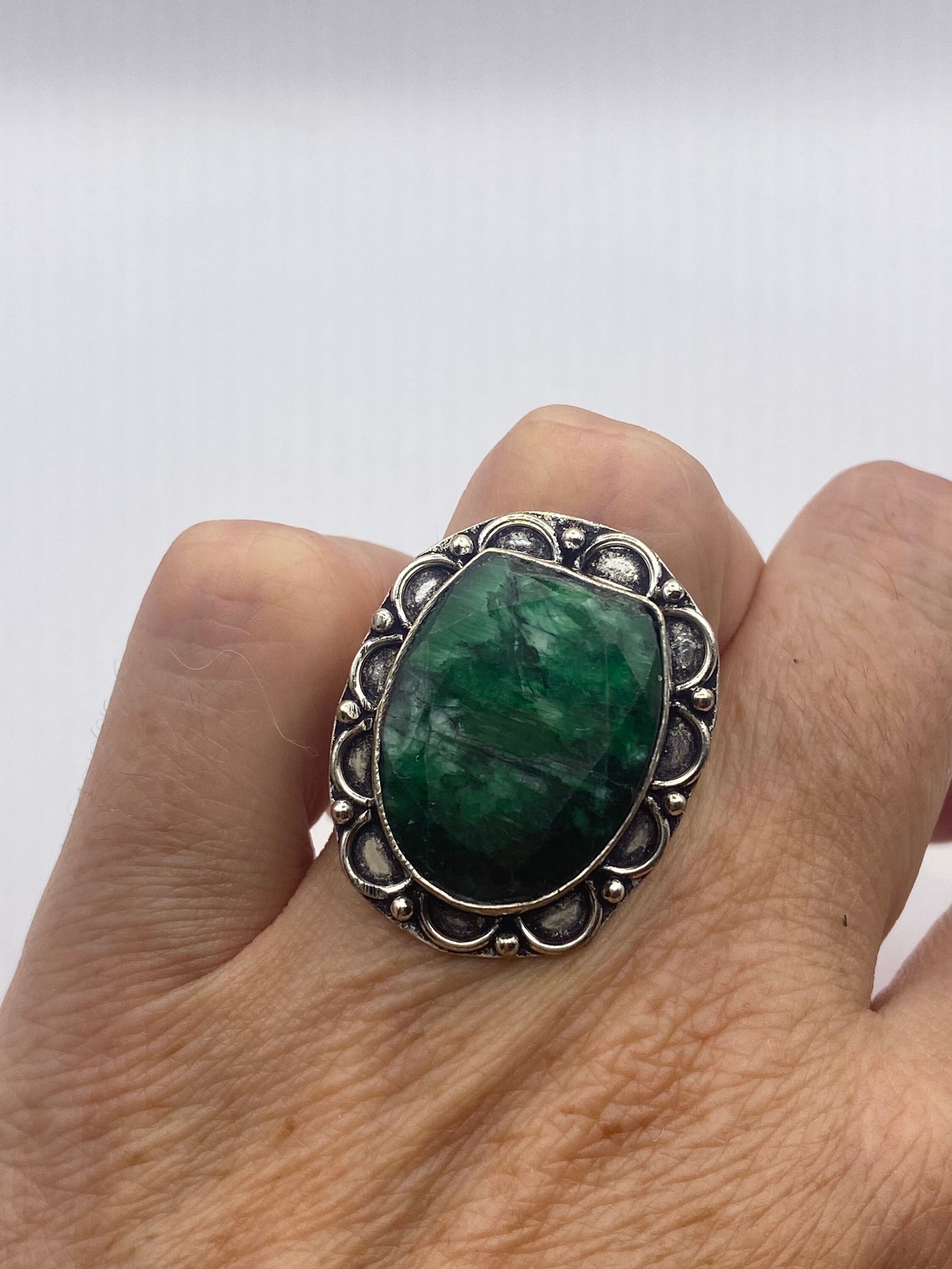 Vintage Green Raw Emerald Silver Bronze Statement Boho Ring