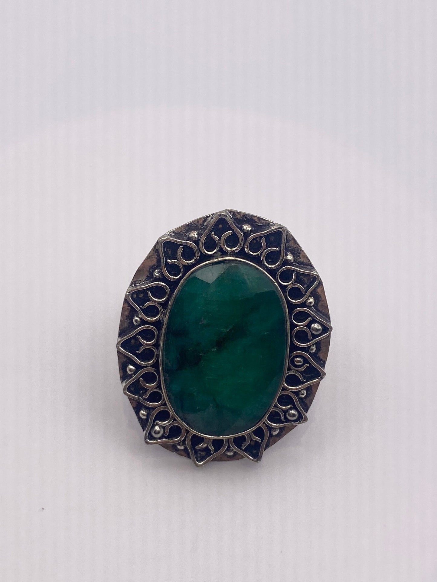 Vintage Green Raw Emerald Silver Bronze Statement Boho Ring